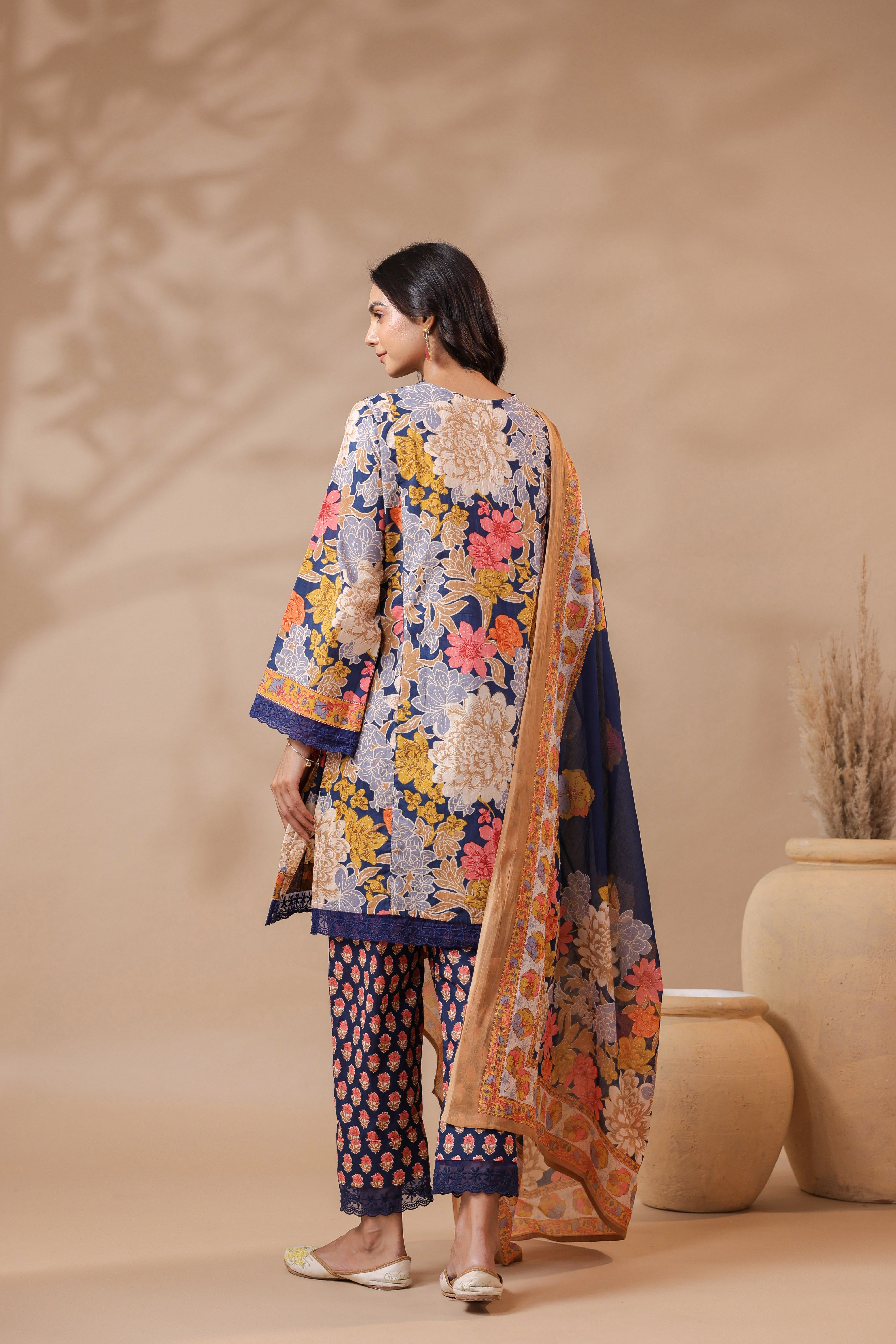Navy Blue Printed Pakistani-Style Suit Kurta Set
