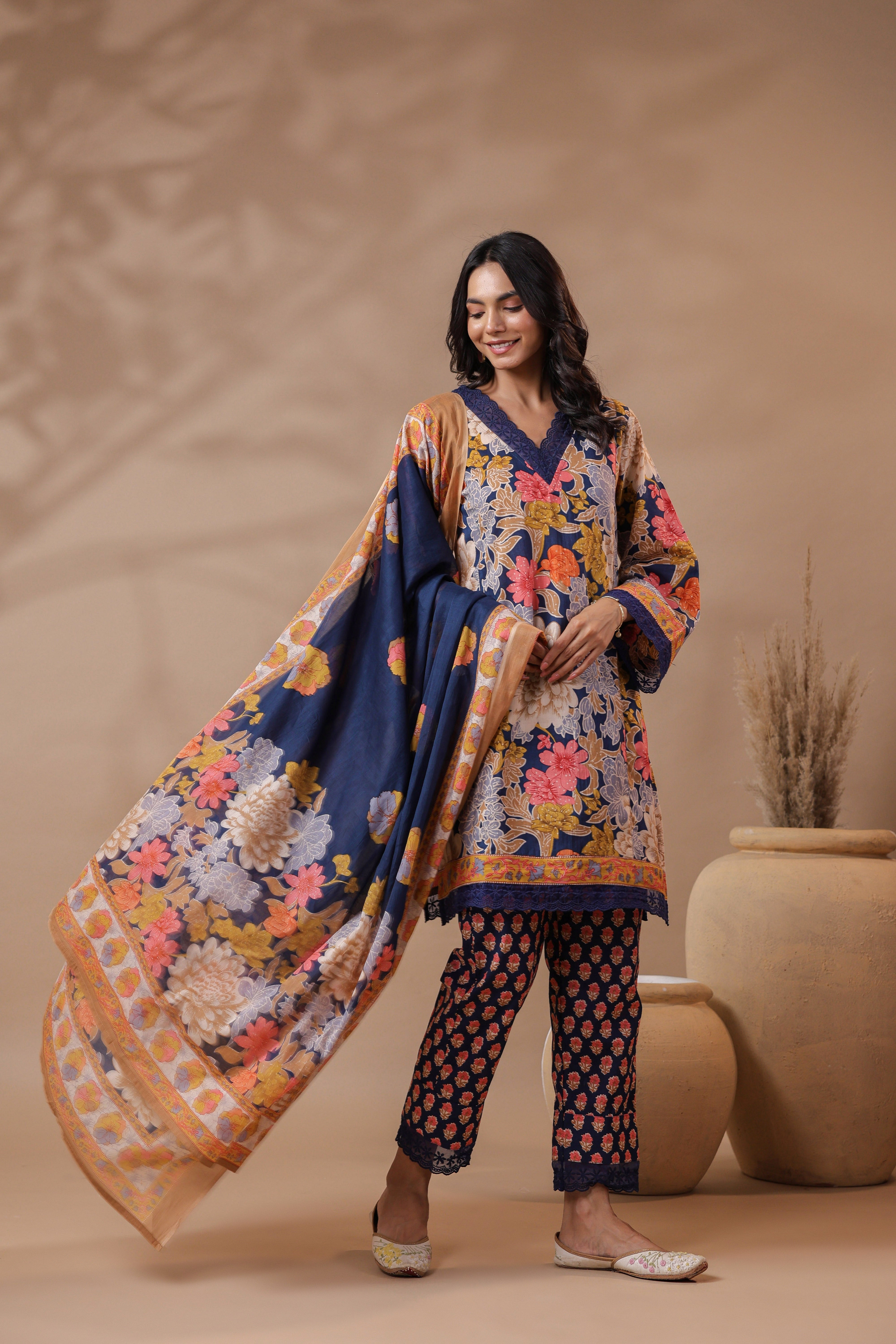 Navy Blue Printed Pakistani-Style Suit Kurta Set