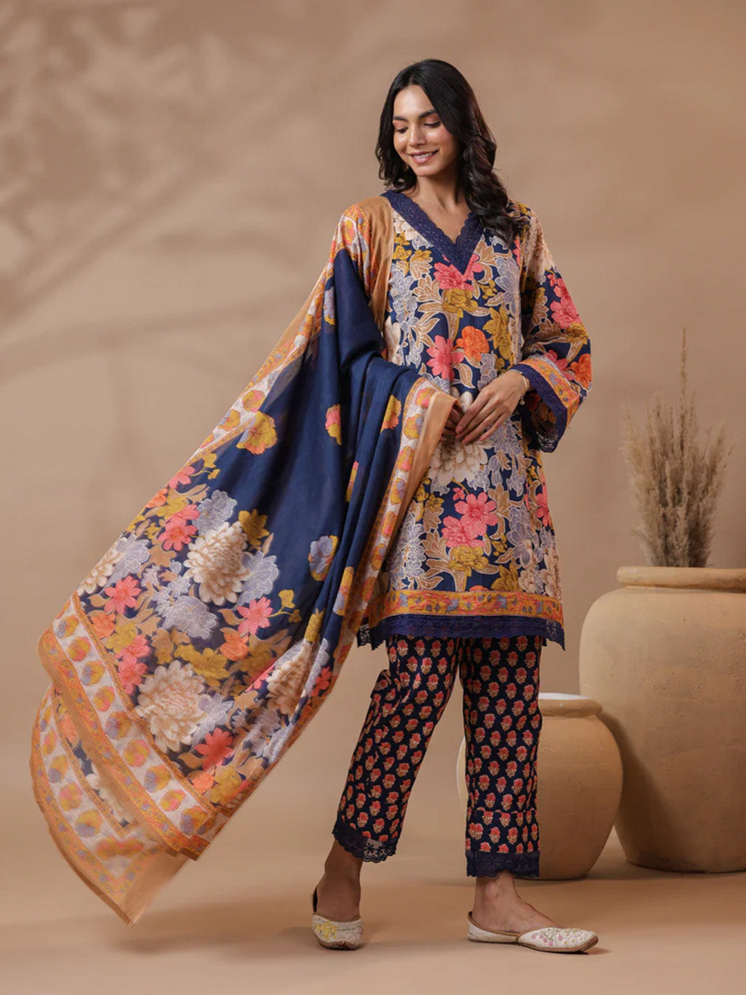 Navy Blue Printed Pakistani-Style Suit Kurta Set