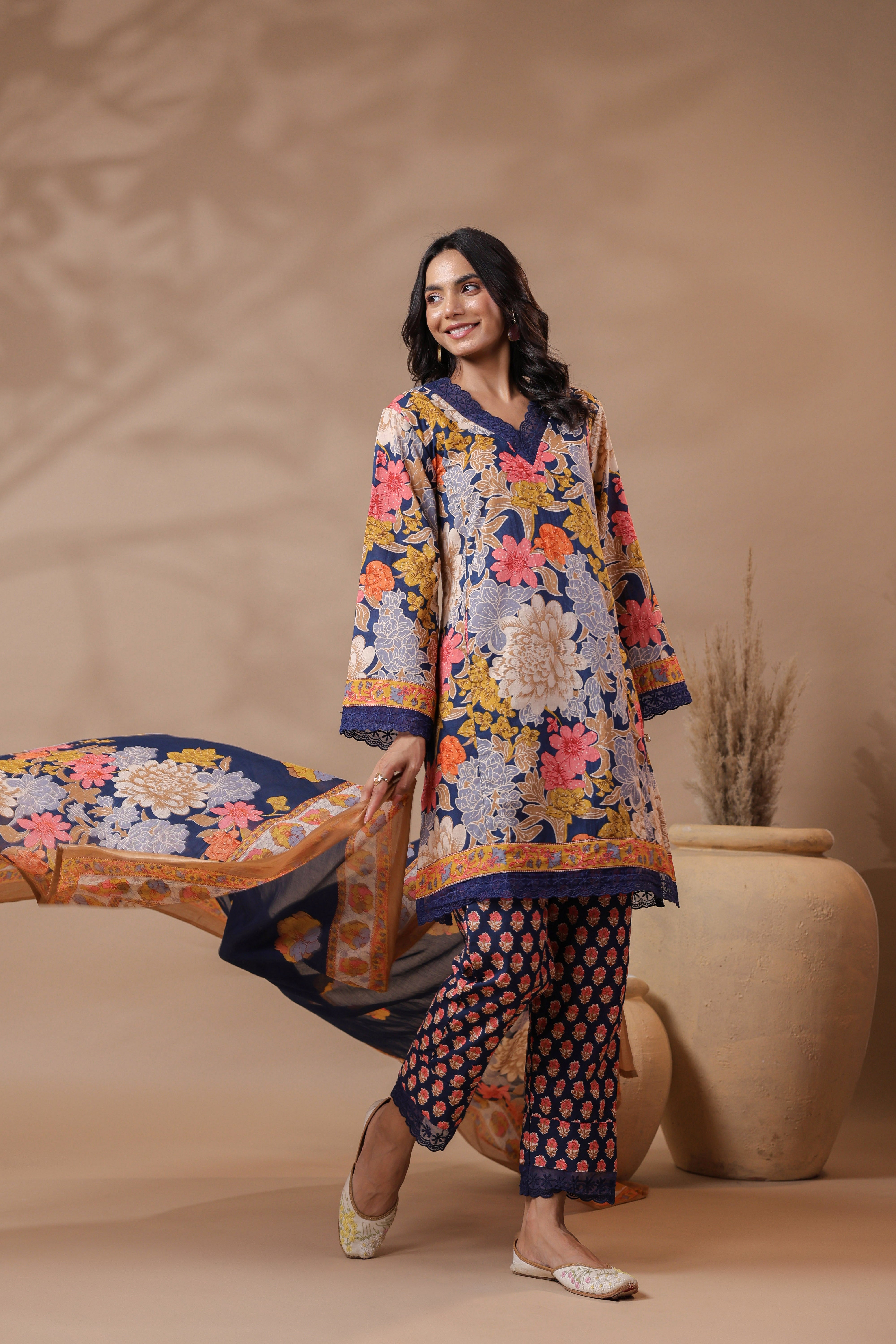 Navy Blue Printed Pakistani-Style Suit Kurta Set