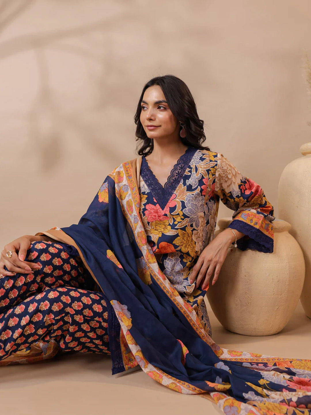 Navy Blue Printed Pakistani-Style Suit Kurta Set