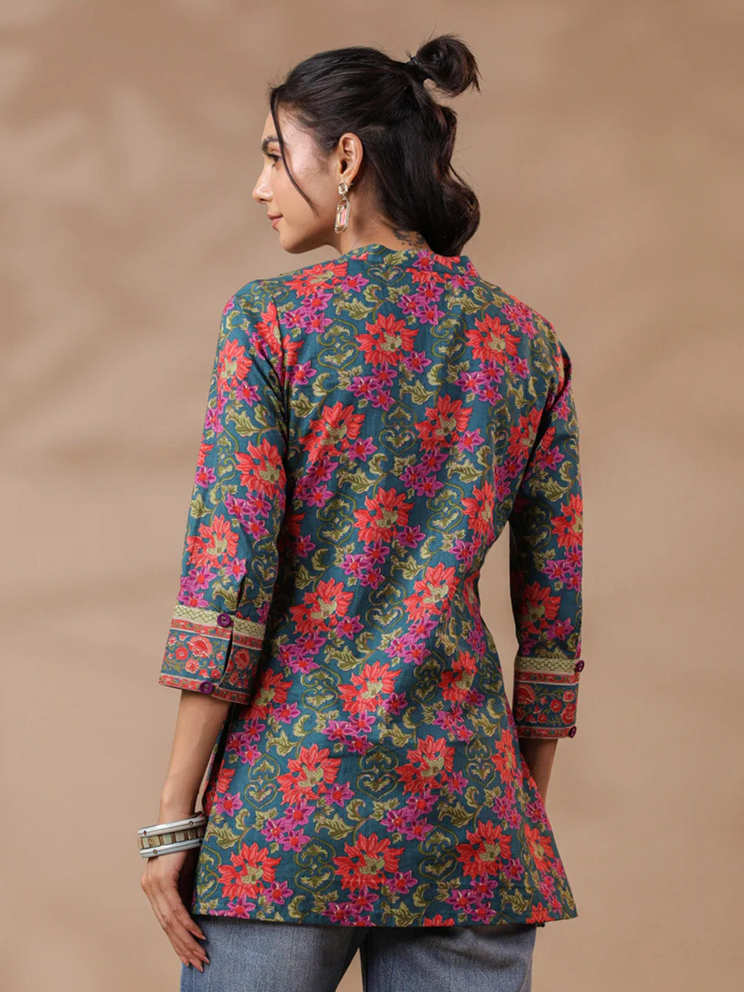 Green Printed Pintucks Cotton Top