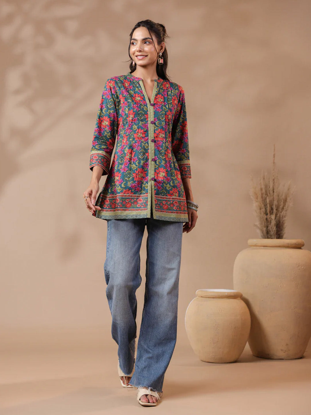 Green Printed Pintucks Cotton Top