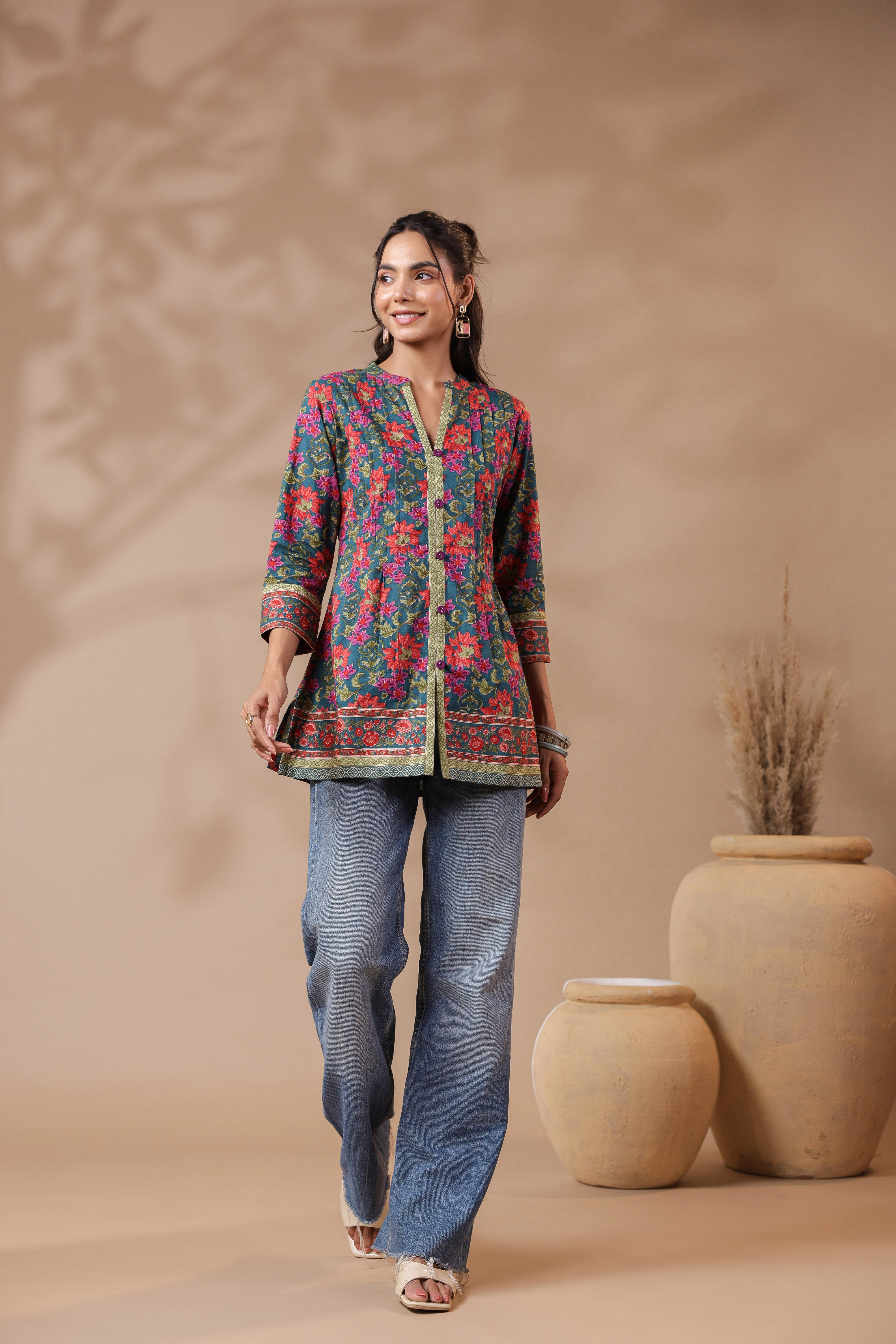 Green Printed Pintucks Cotton Top