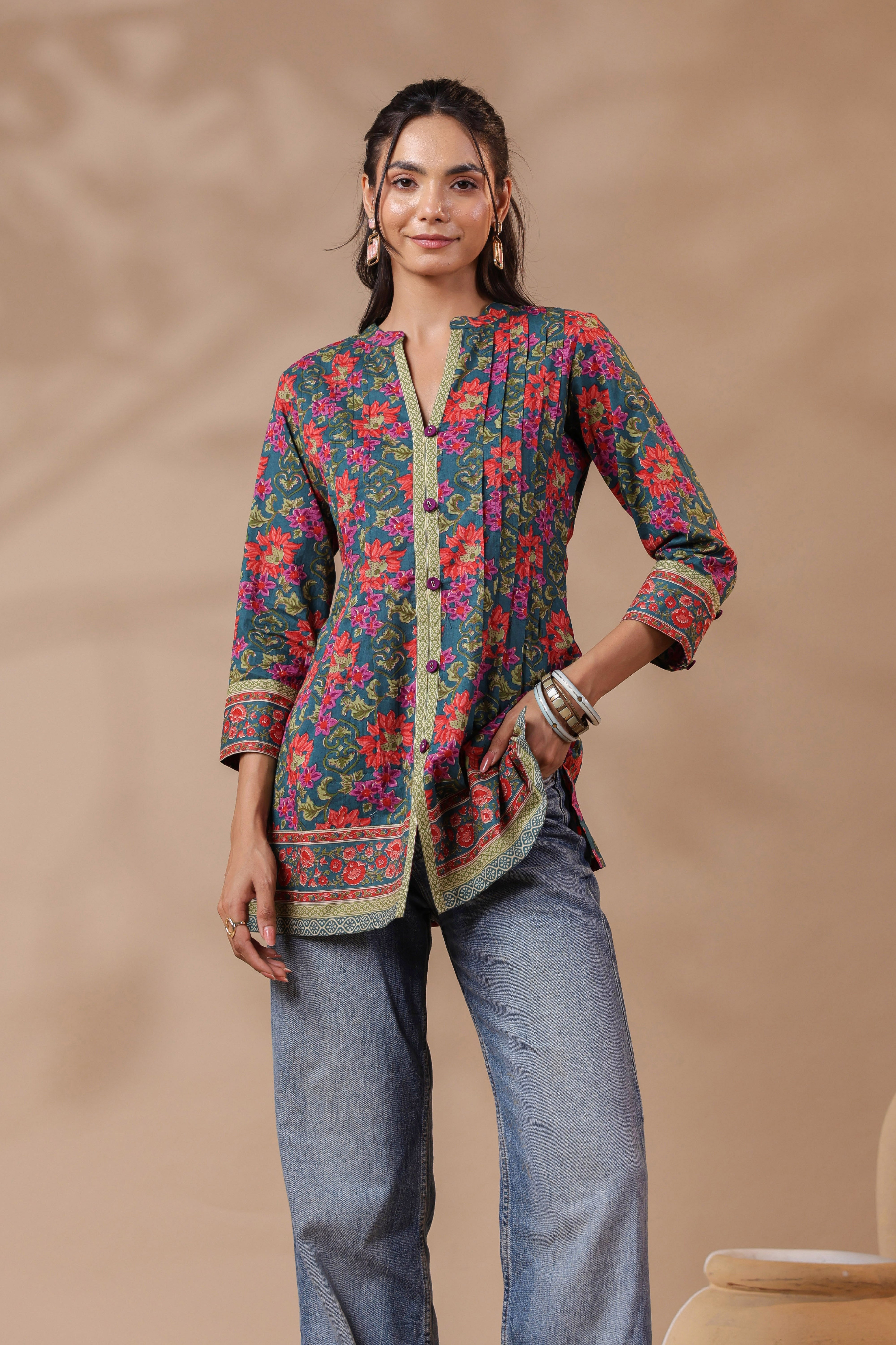 Green Printed Pintucks Cotton Top
