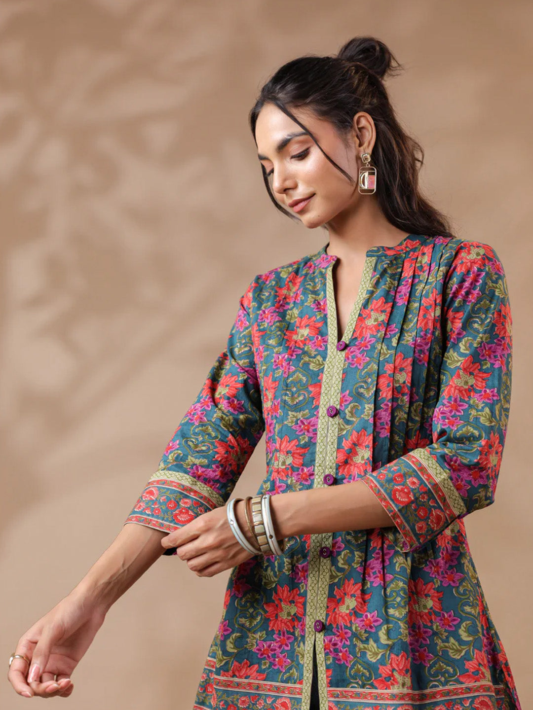 Green Printed Pintucks Cotton Top