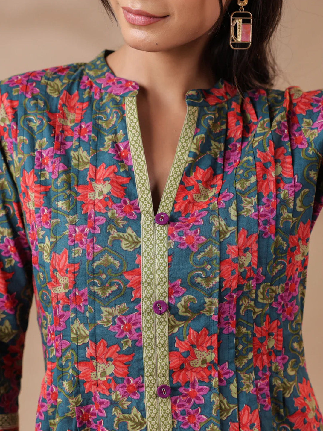 Green Printed Pintucks Cotton Top