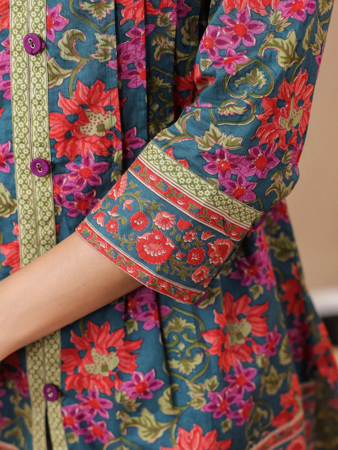 Green Printed Pintucks Cotton Top