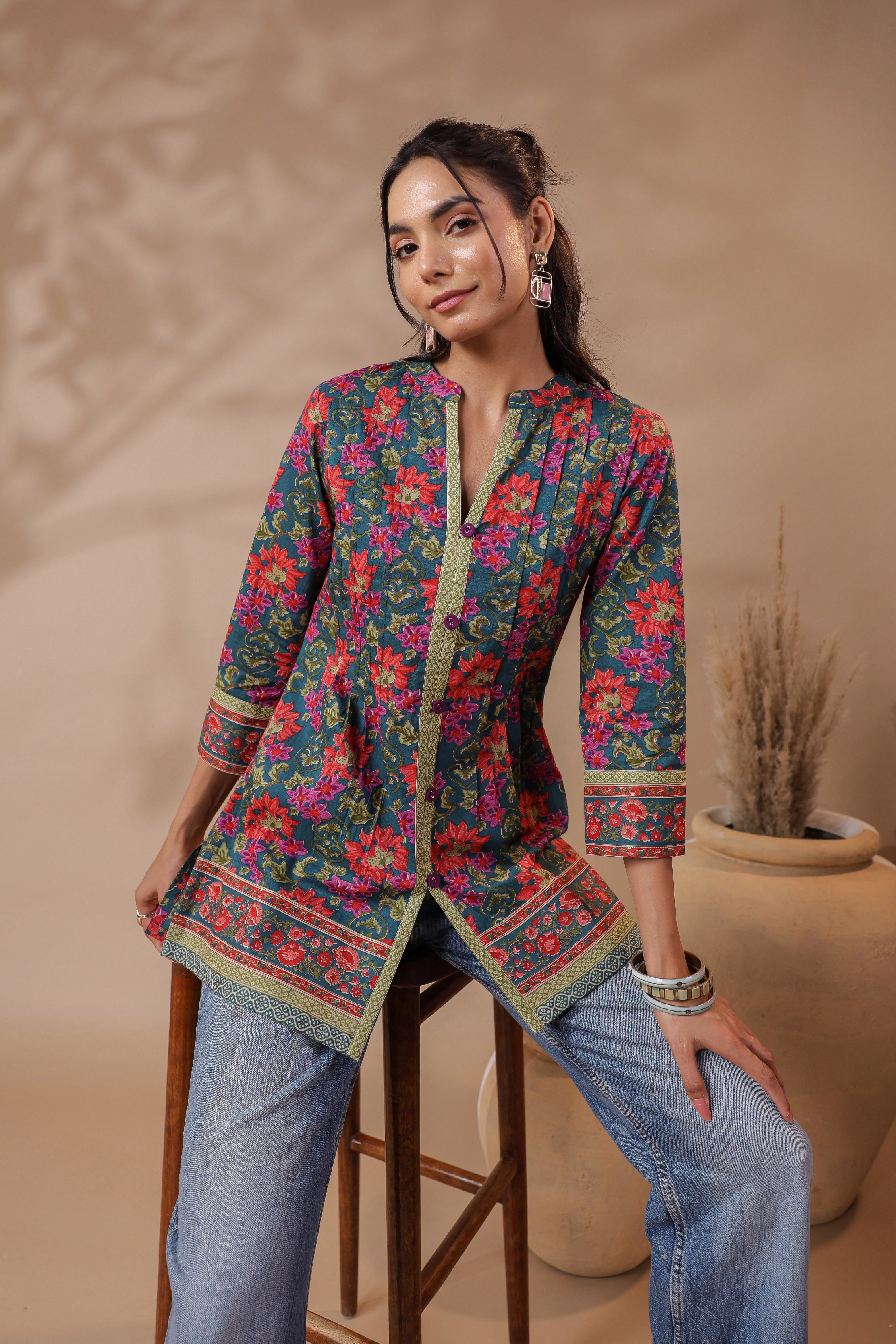 Green Printed Pintucks Cotton Top