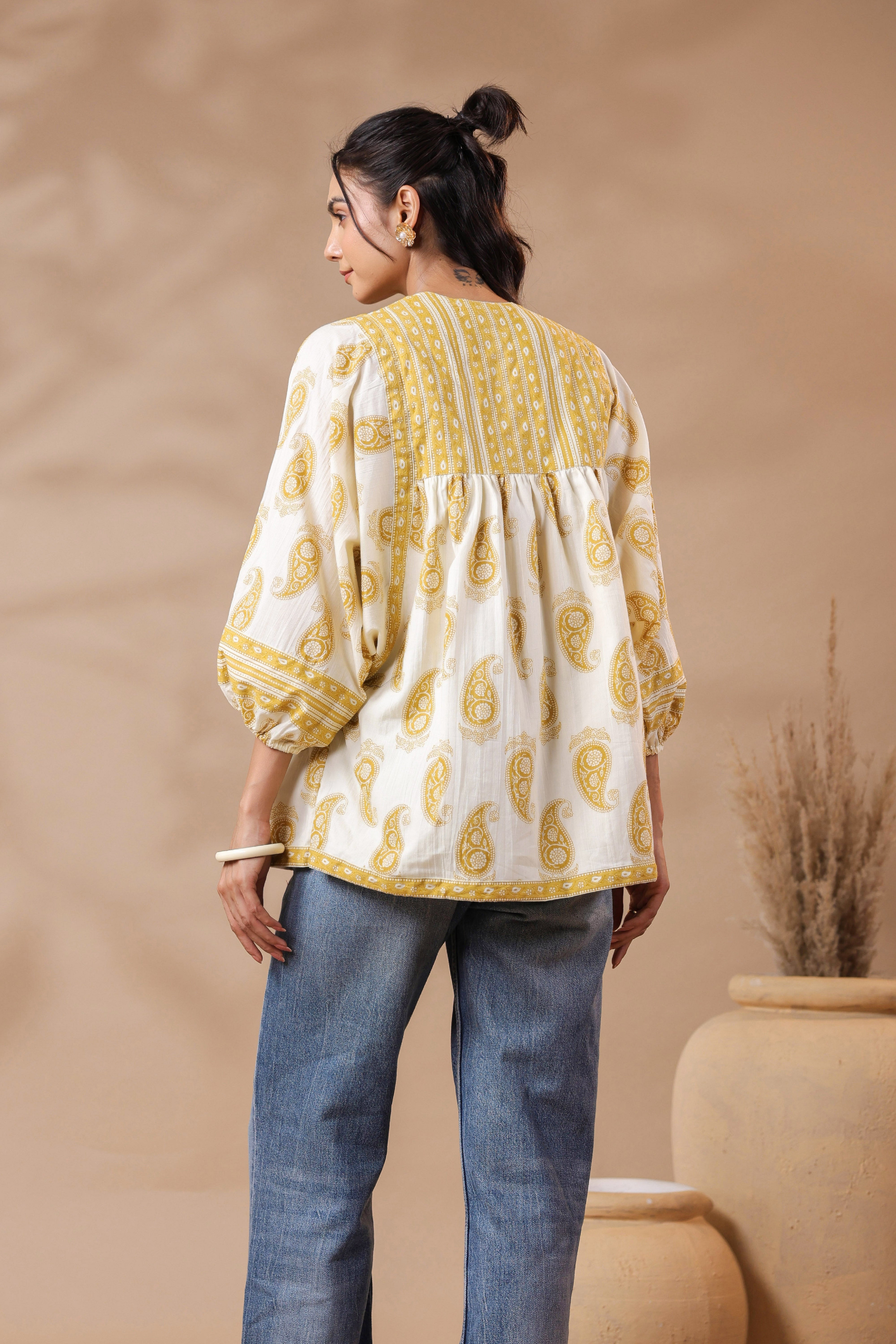 Cream Hand-block Printed Boho Volume Sleeves Top