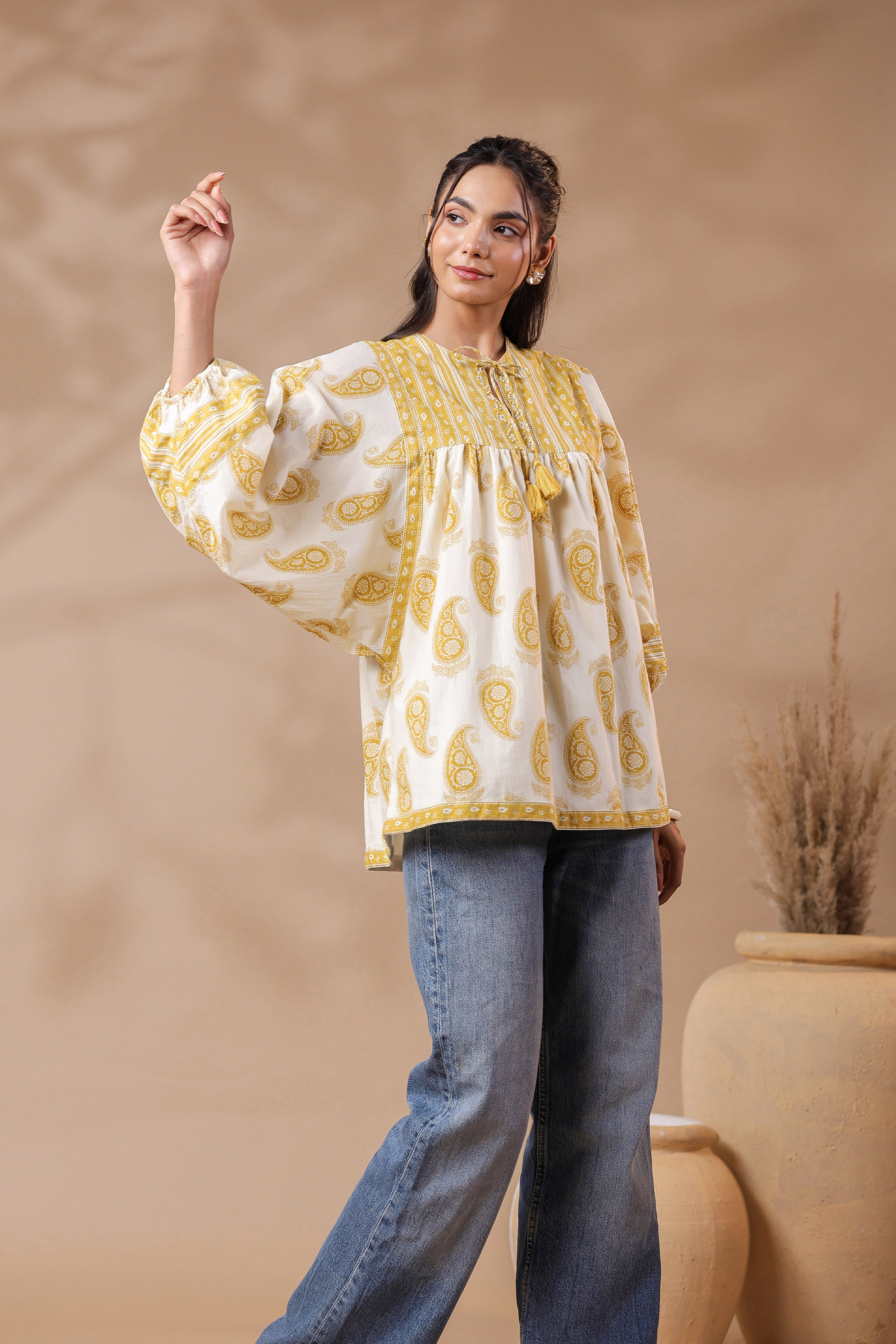 Cream Hand-block Printed Boho Volume Sleeves Top