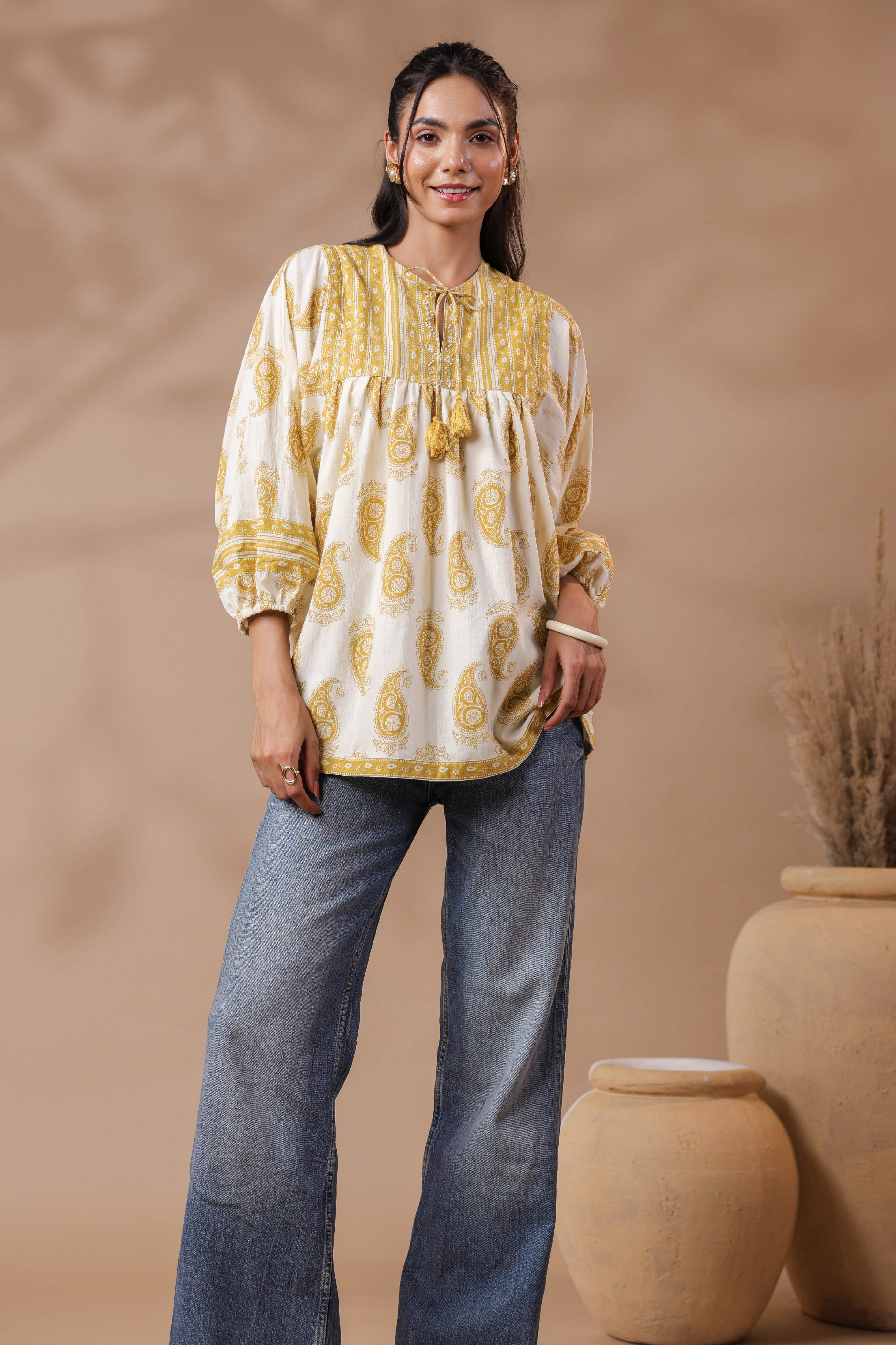 Cream Hand-block Printed Boho Volume Sleeves Top