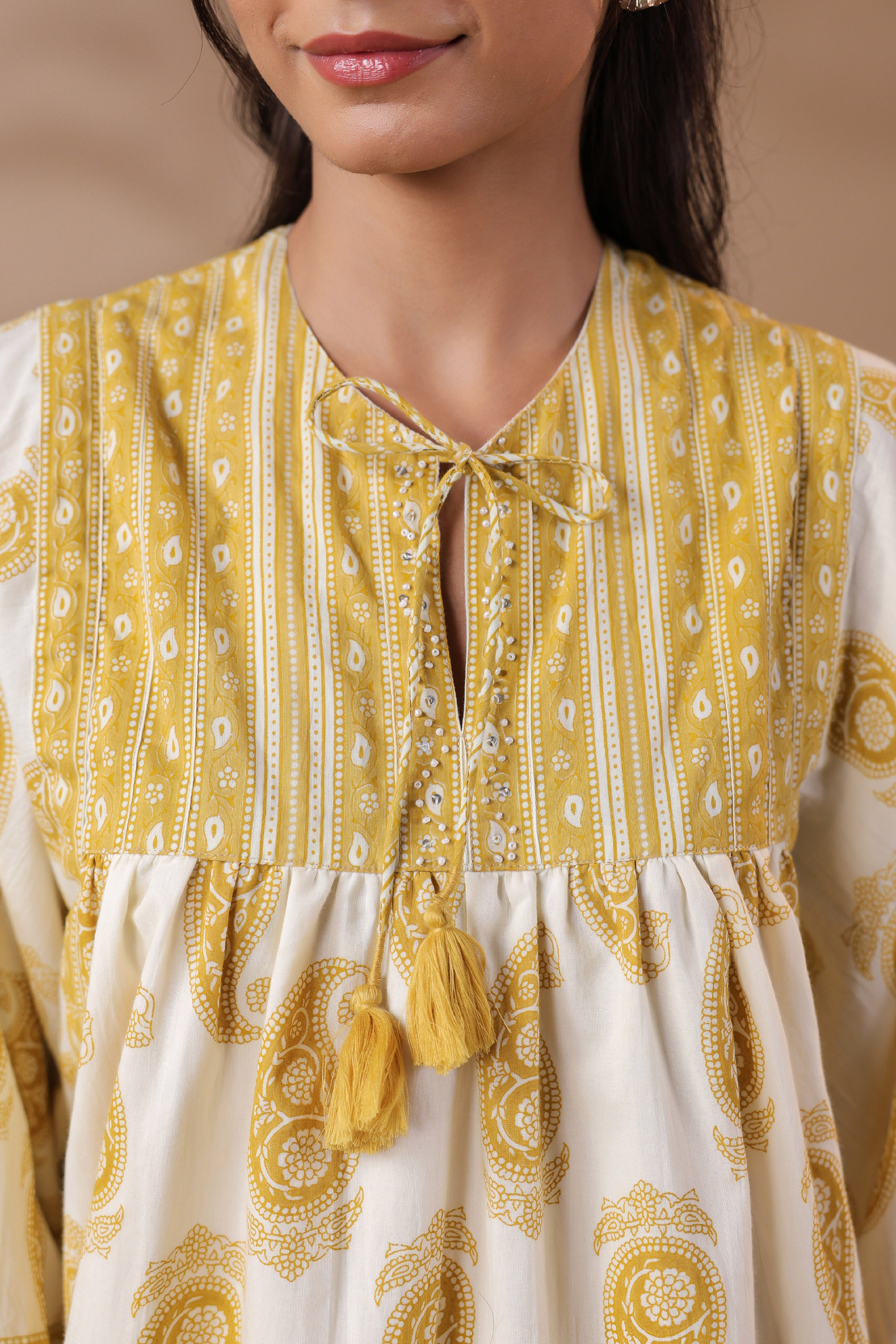 Cream Hand-block Printed Boho Volume Sleeves Top