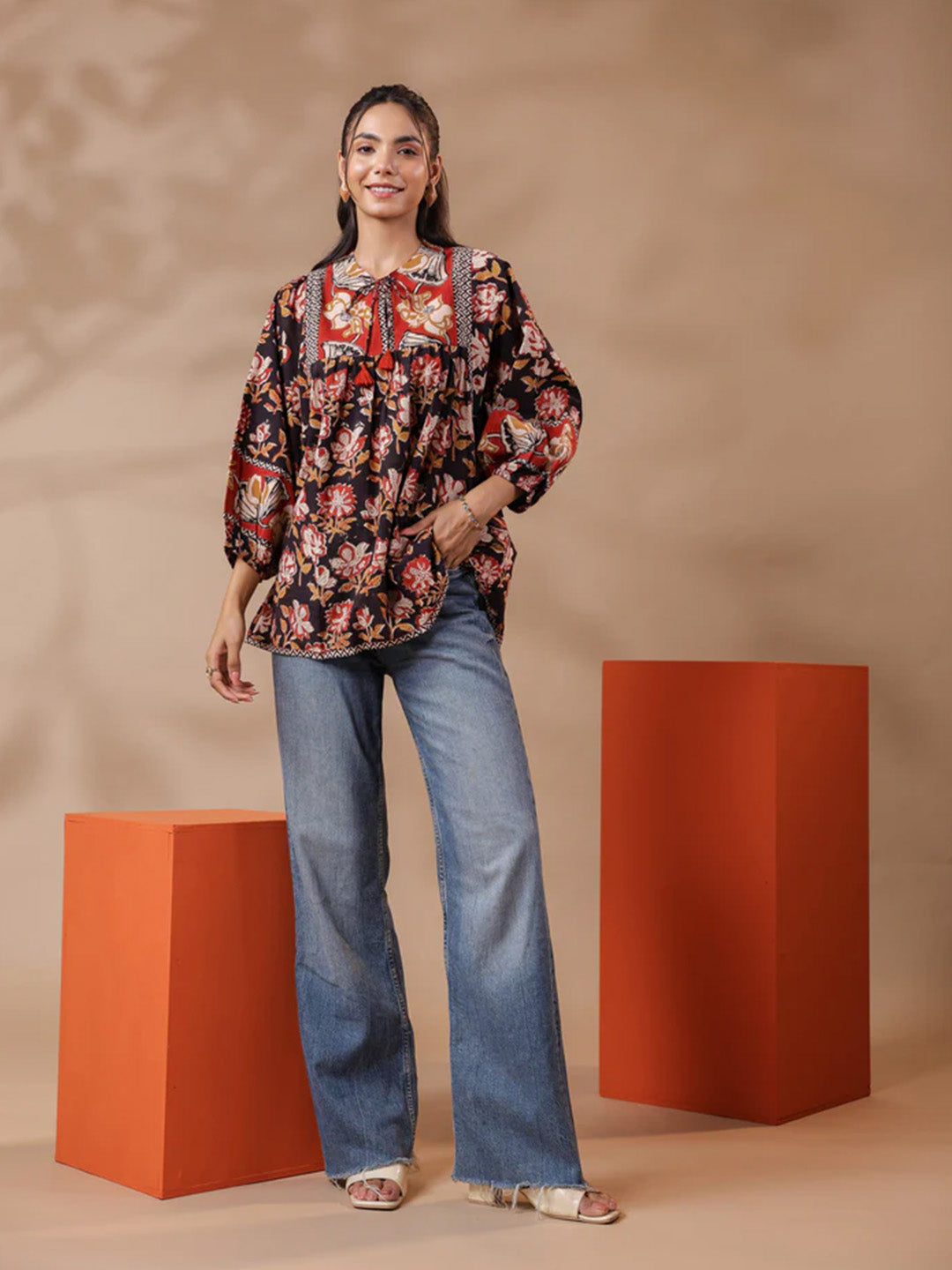 Black Bagru Hand-block Printed Boho Volume Sleeves Top