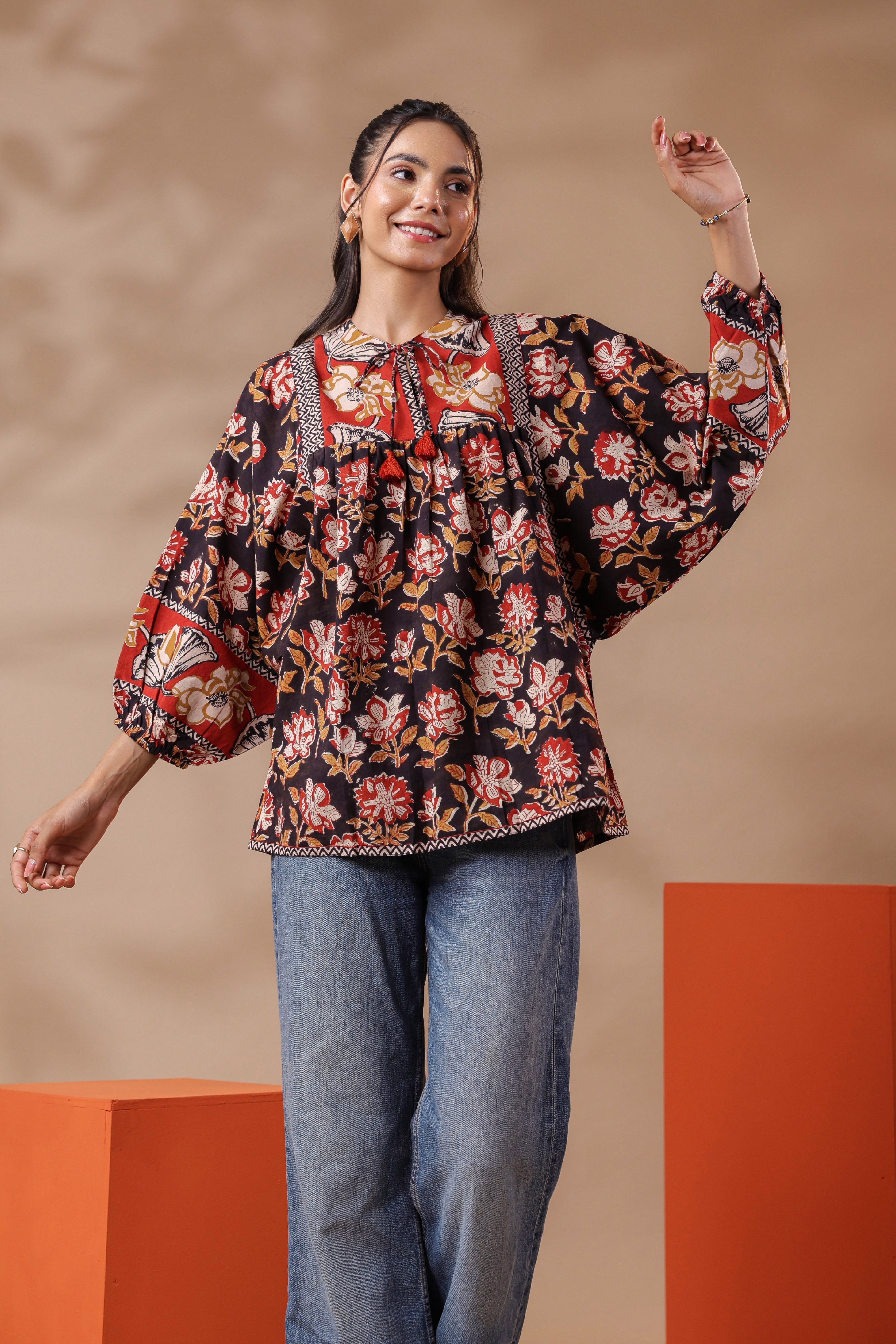 Black Bagru Hand-block Printed Boho Volume Sleeves Top