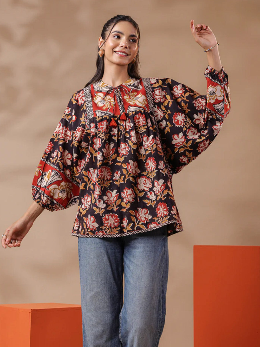 Black Bagru Hand-block Printed Boho Volume Sleeves Top