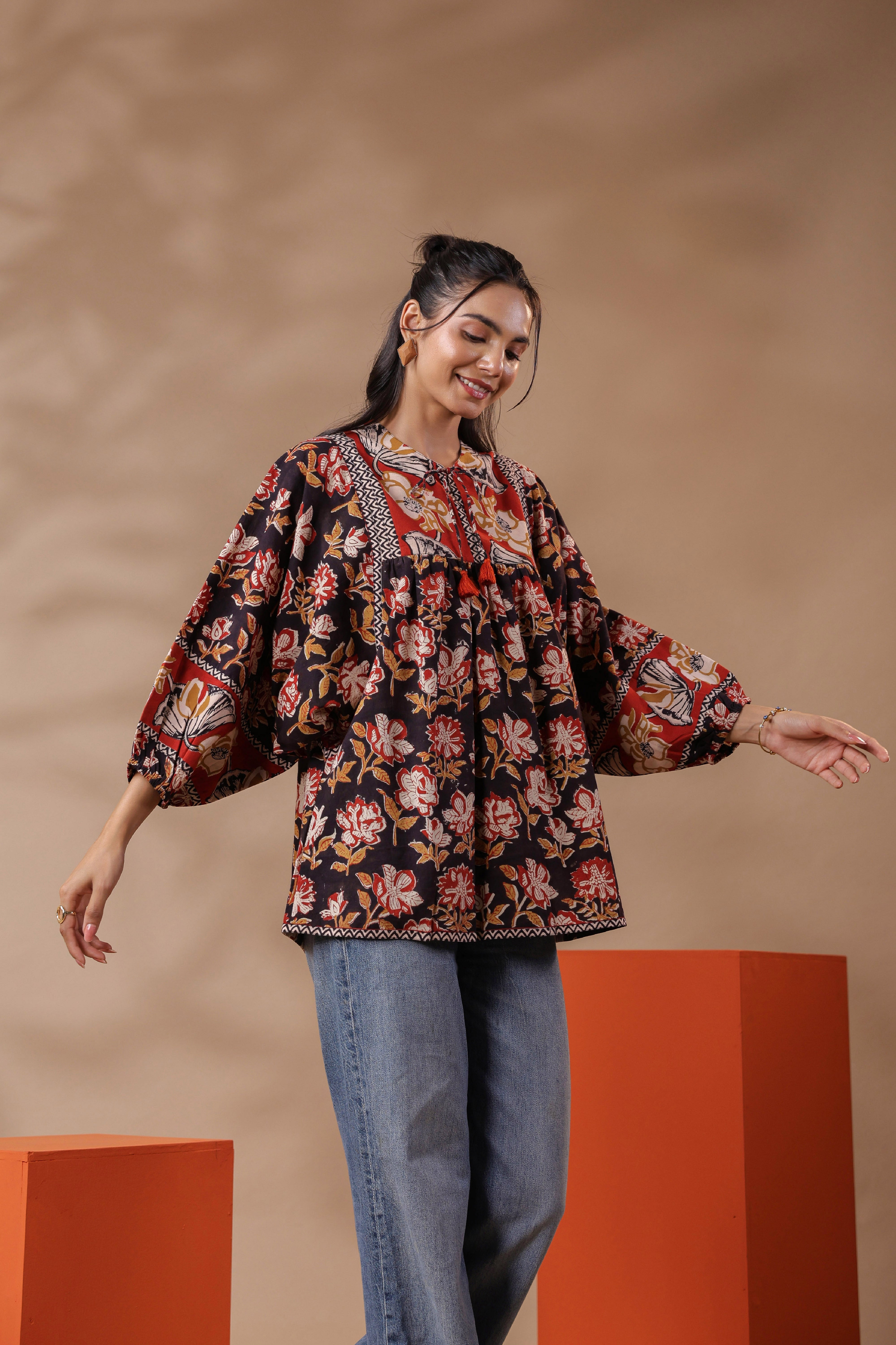 Black Bagru Hand-block Printed Boho Volume Sleeves Top