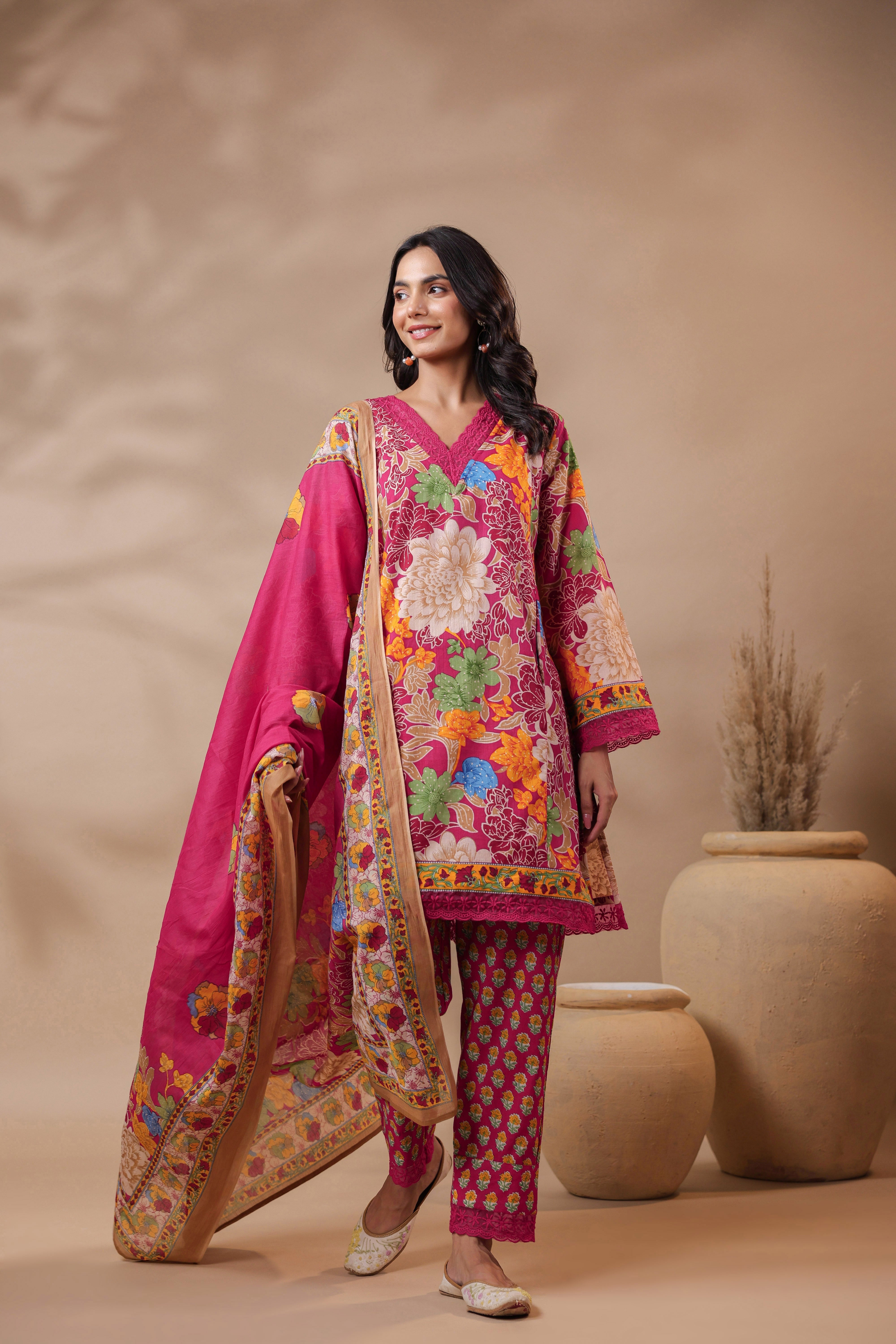 Pink Printed Pakistani-Style Suit Kurta Set