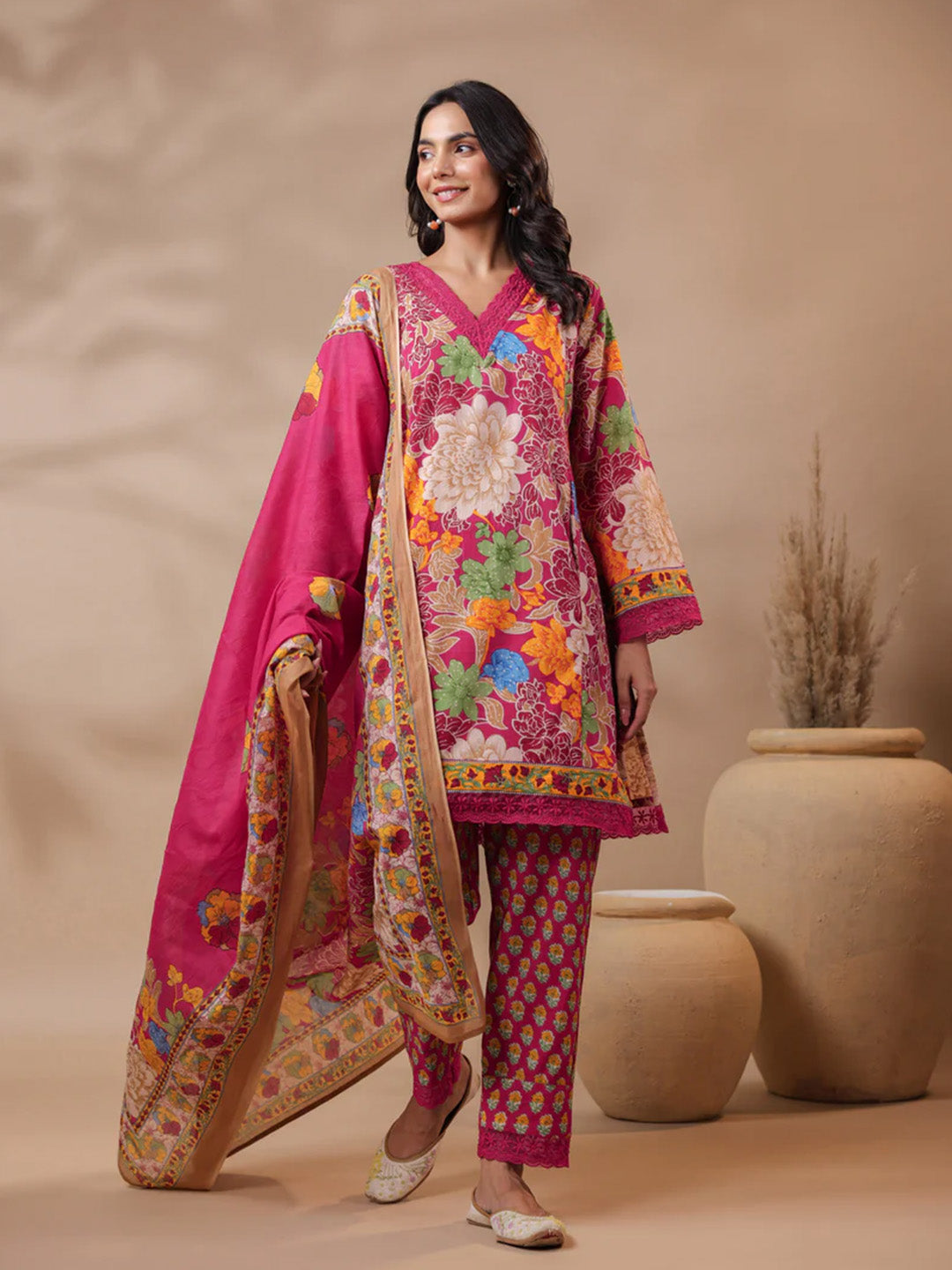 Pink Printed Pakistani-Style Suit Kurta Set
