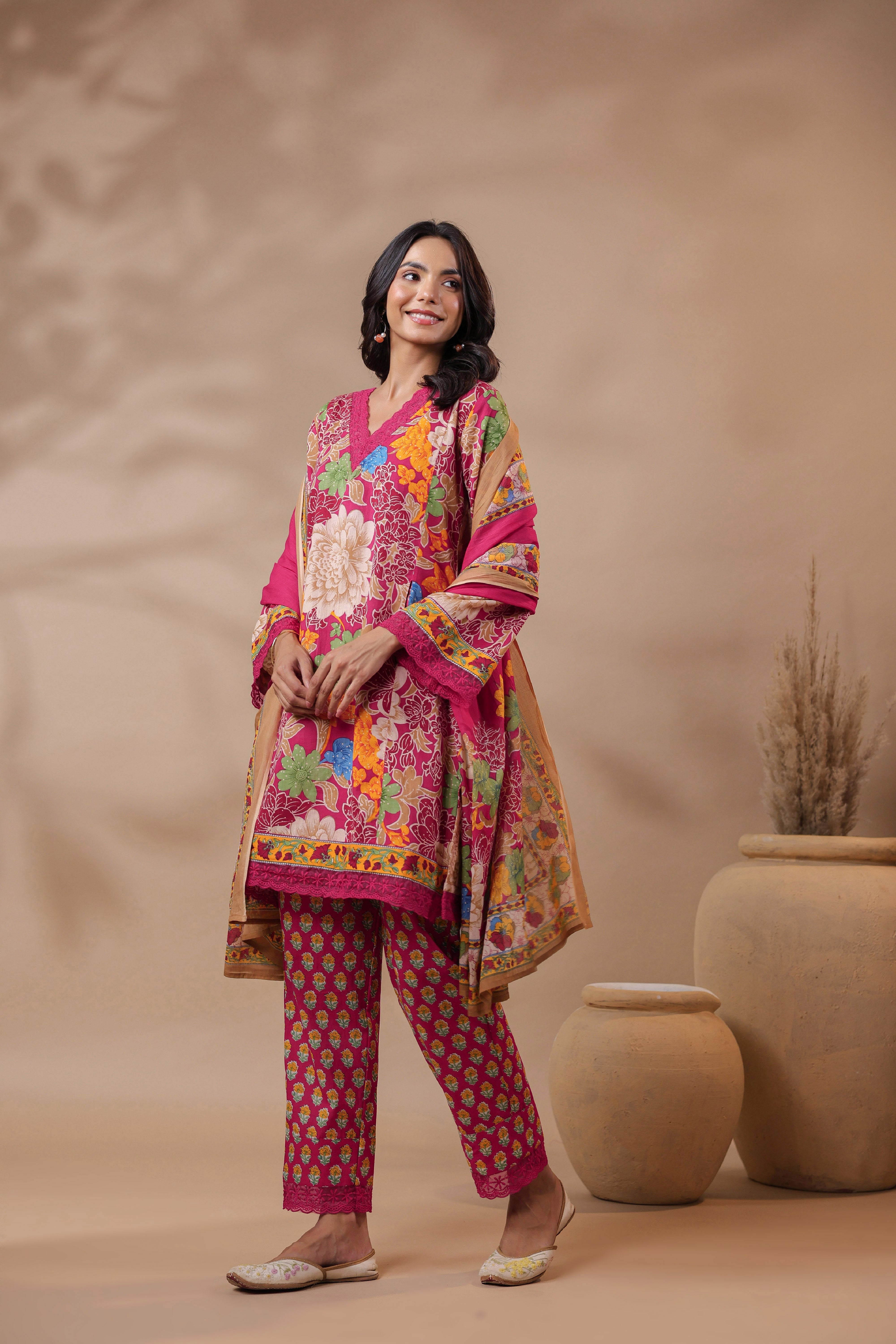 Pink Printed Pakistani-Style Suit Kurta Set