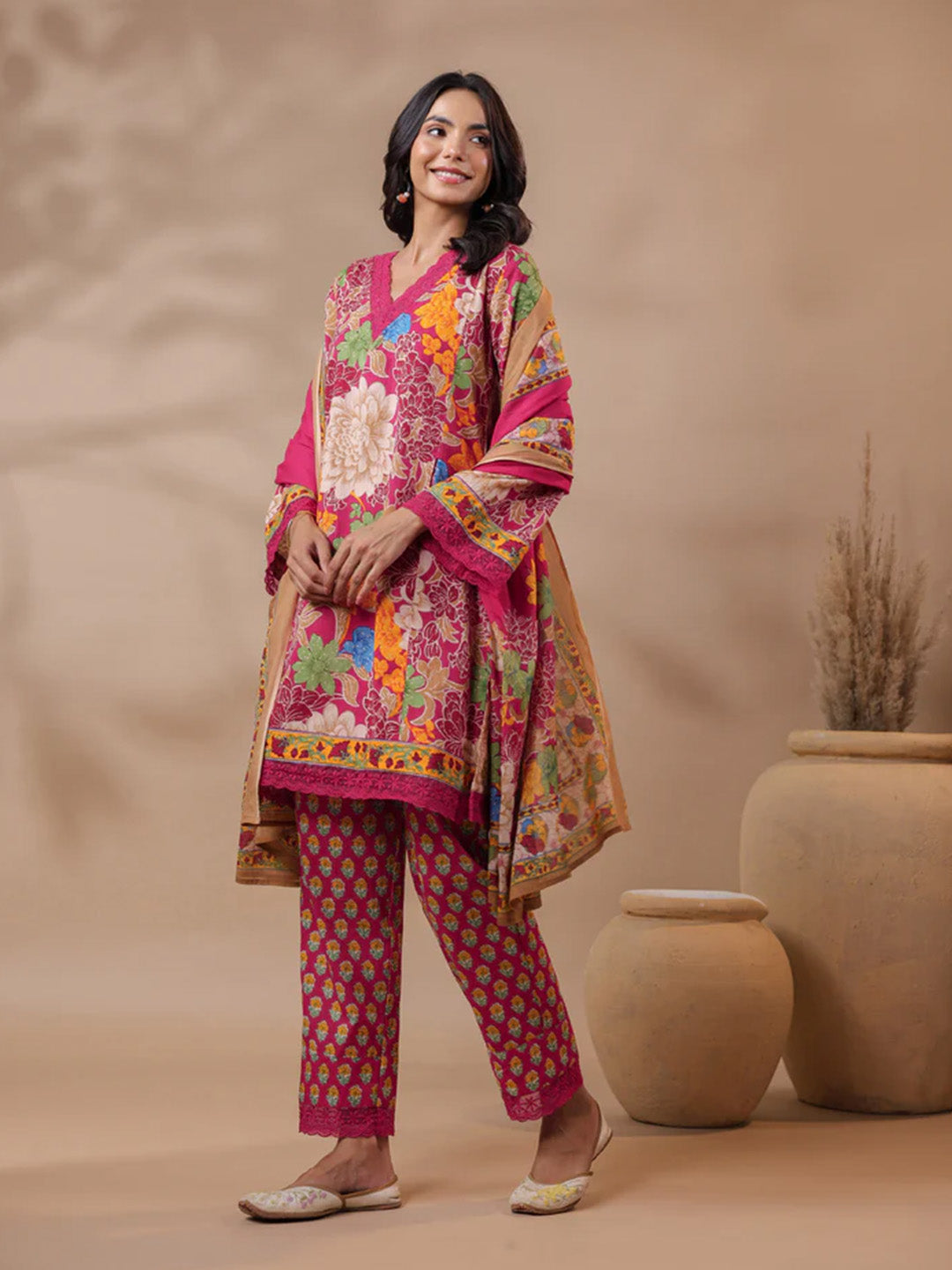 Pink Printed Pakistani-Style Suit Kurta Set