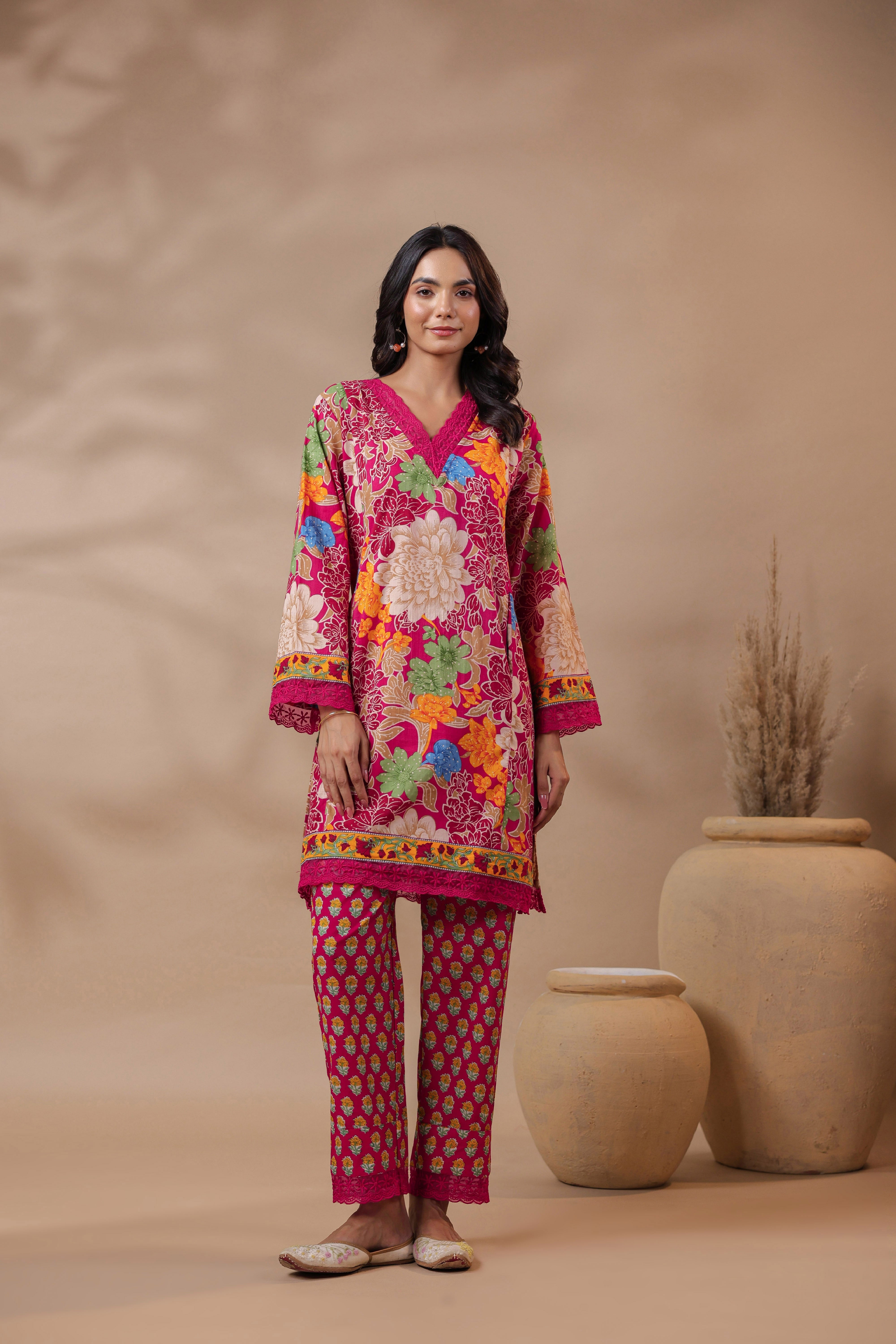 Pink Printed Pakistani-Style Suit Kurta Set