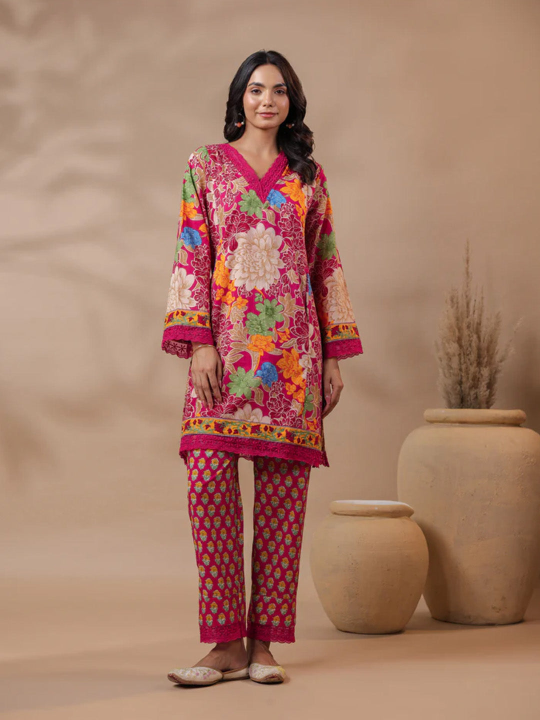 Pink Printed Pakistani-Style Suit Kurta Set