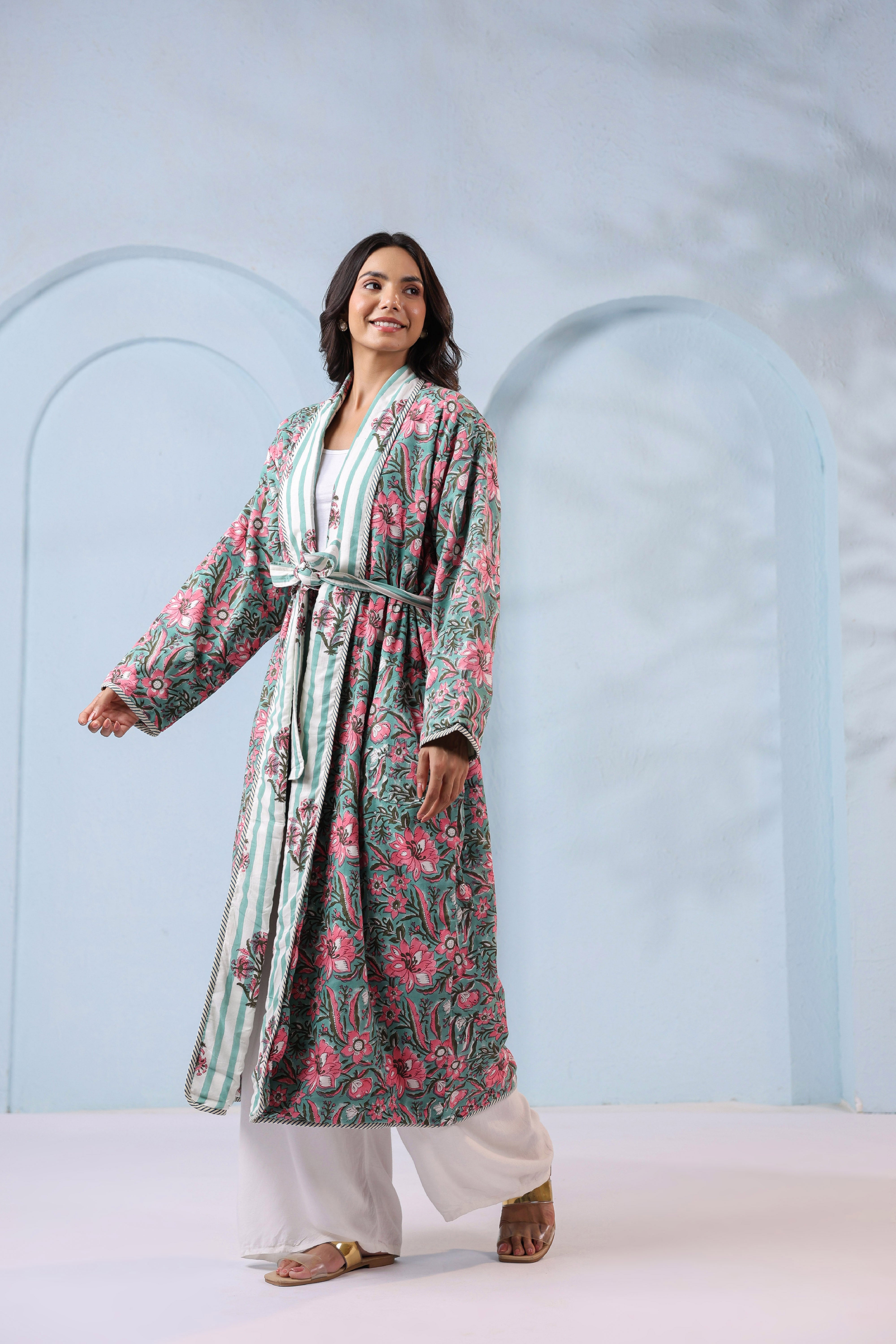 Hibiscus Green Floral Quilted Reversible Robe