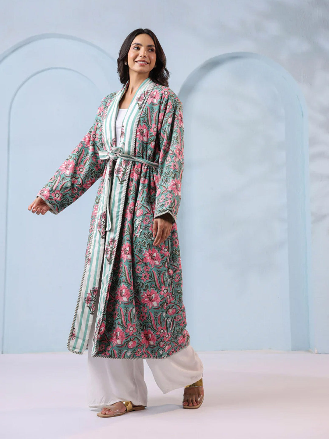 Hibiscus Green Floral Quilted Reversible Robe