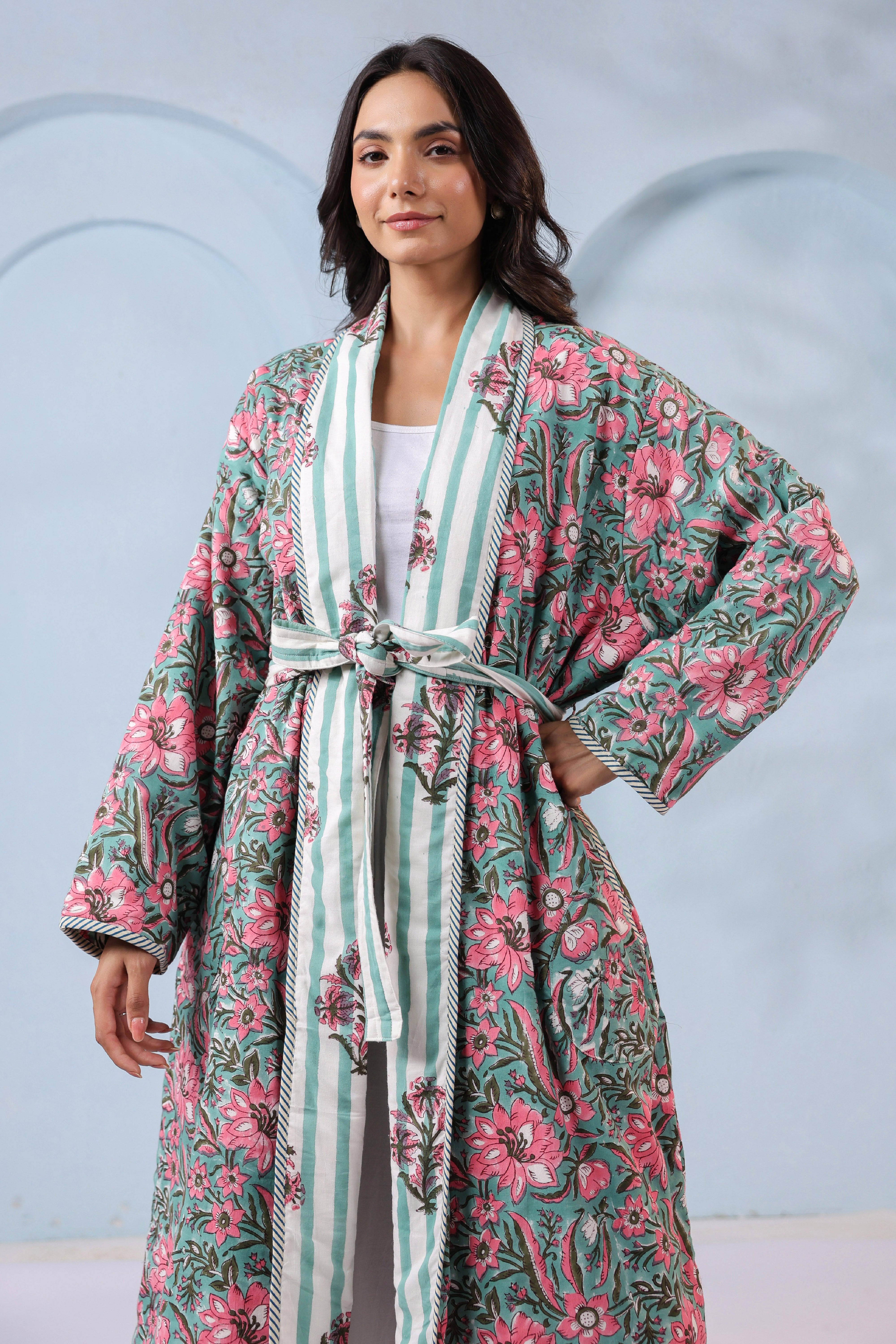 Hibiscus Green Floral Quilted Reversible Robe