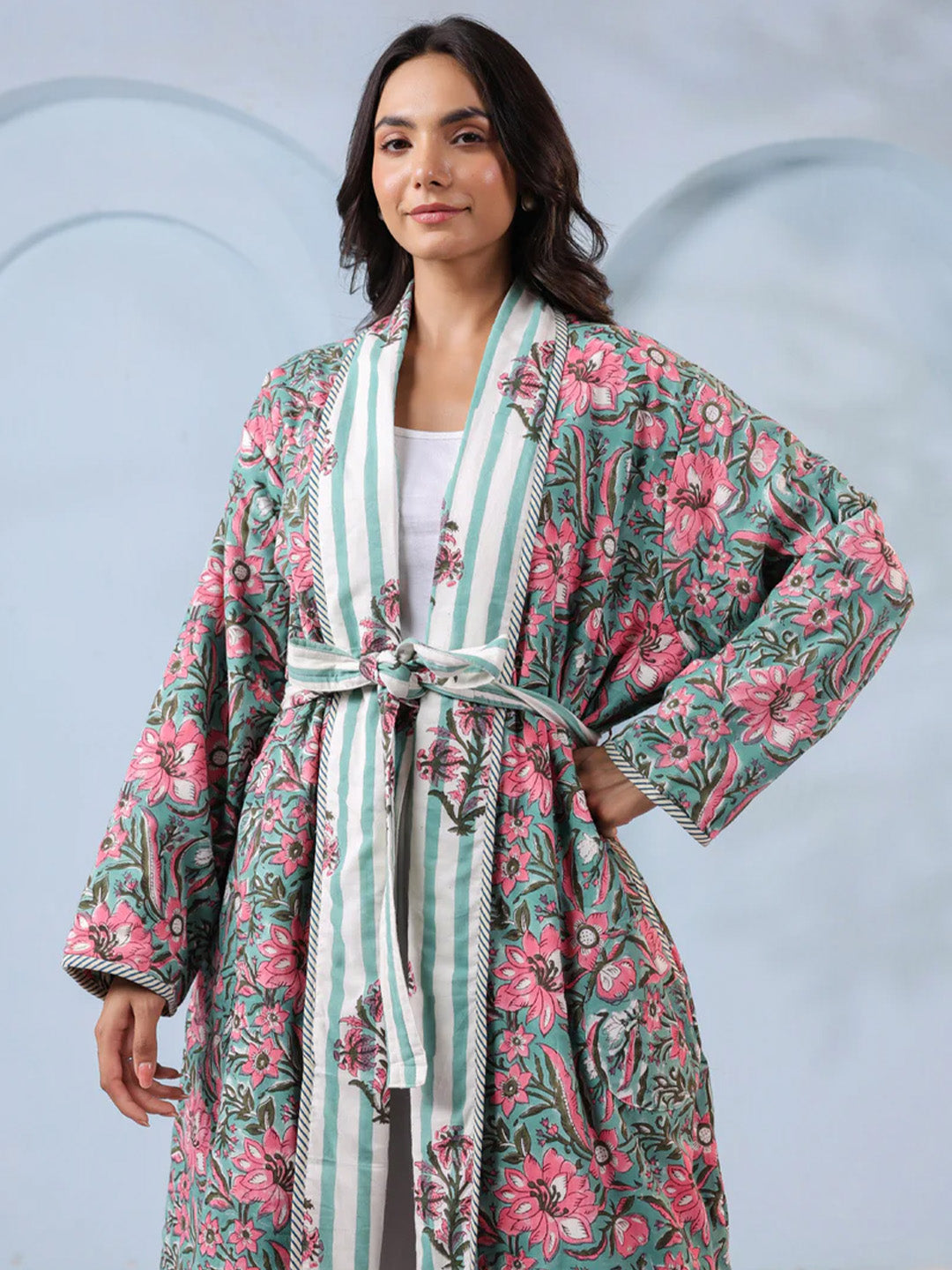 Hibiscus Green Floral Quilted Reversible Robe