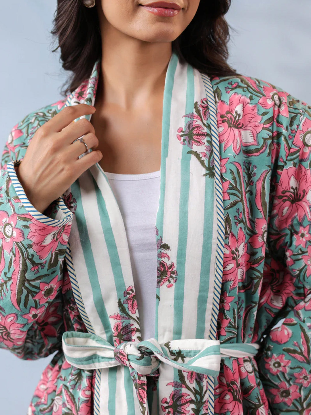 Hibiscus Green Floral Quilted Reversible Robe