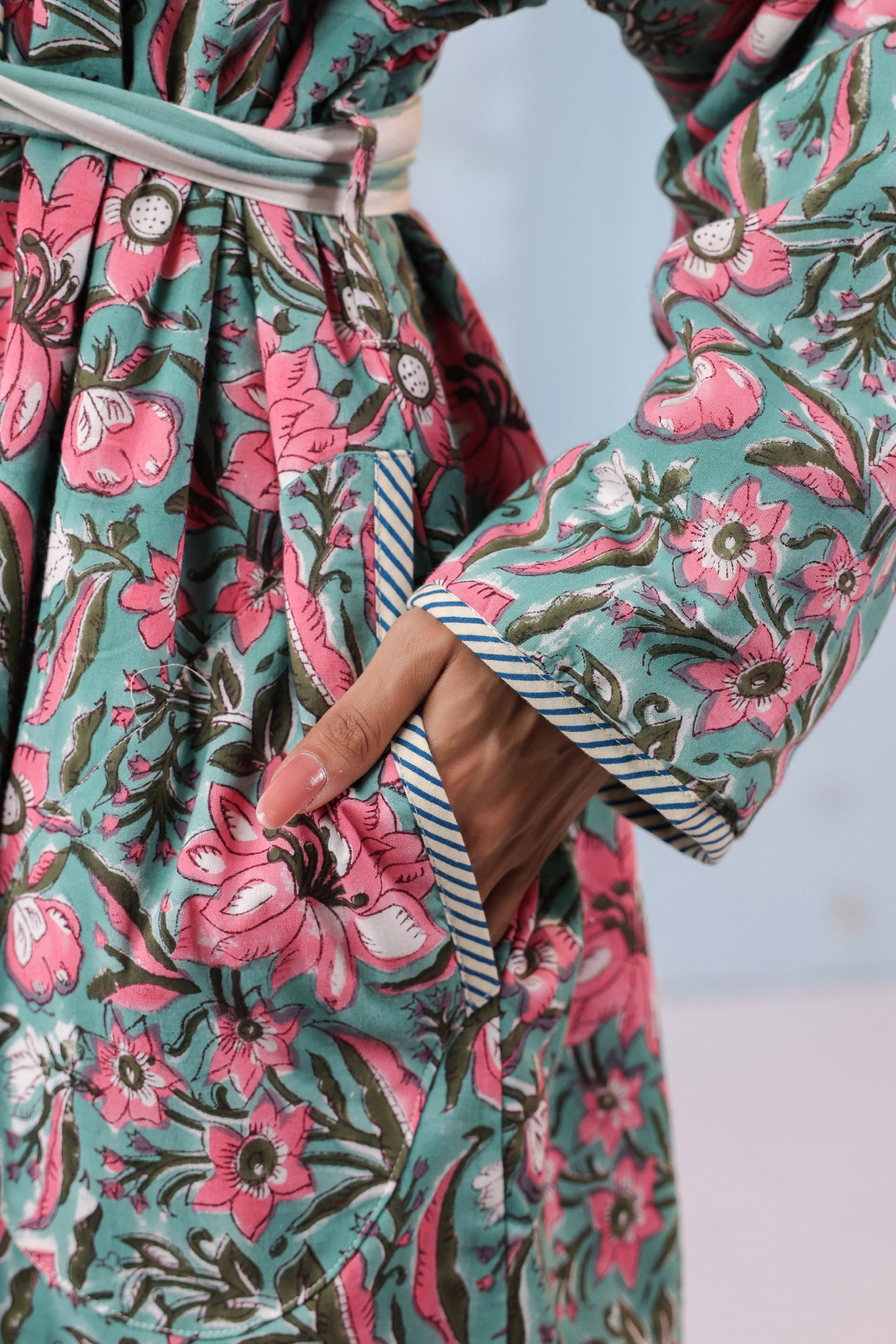 Hibiscus Green Floral Quilted Reversible Robe