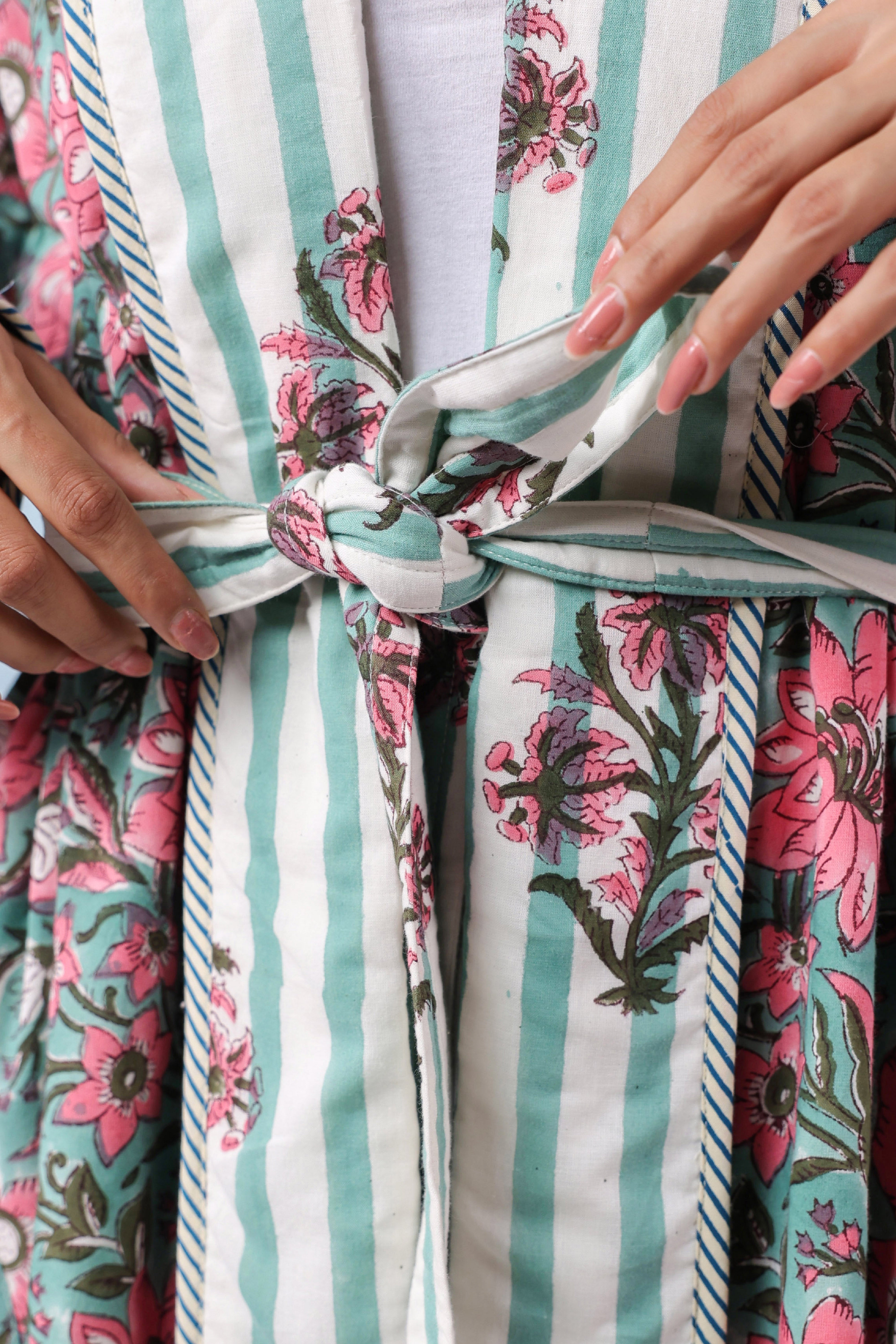Hibiscus Green Floral Quilted Reversible Robe