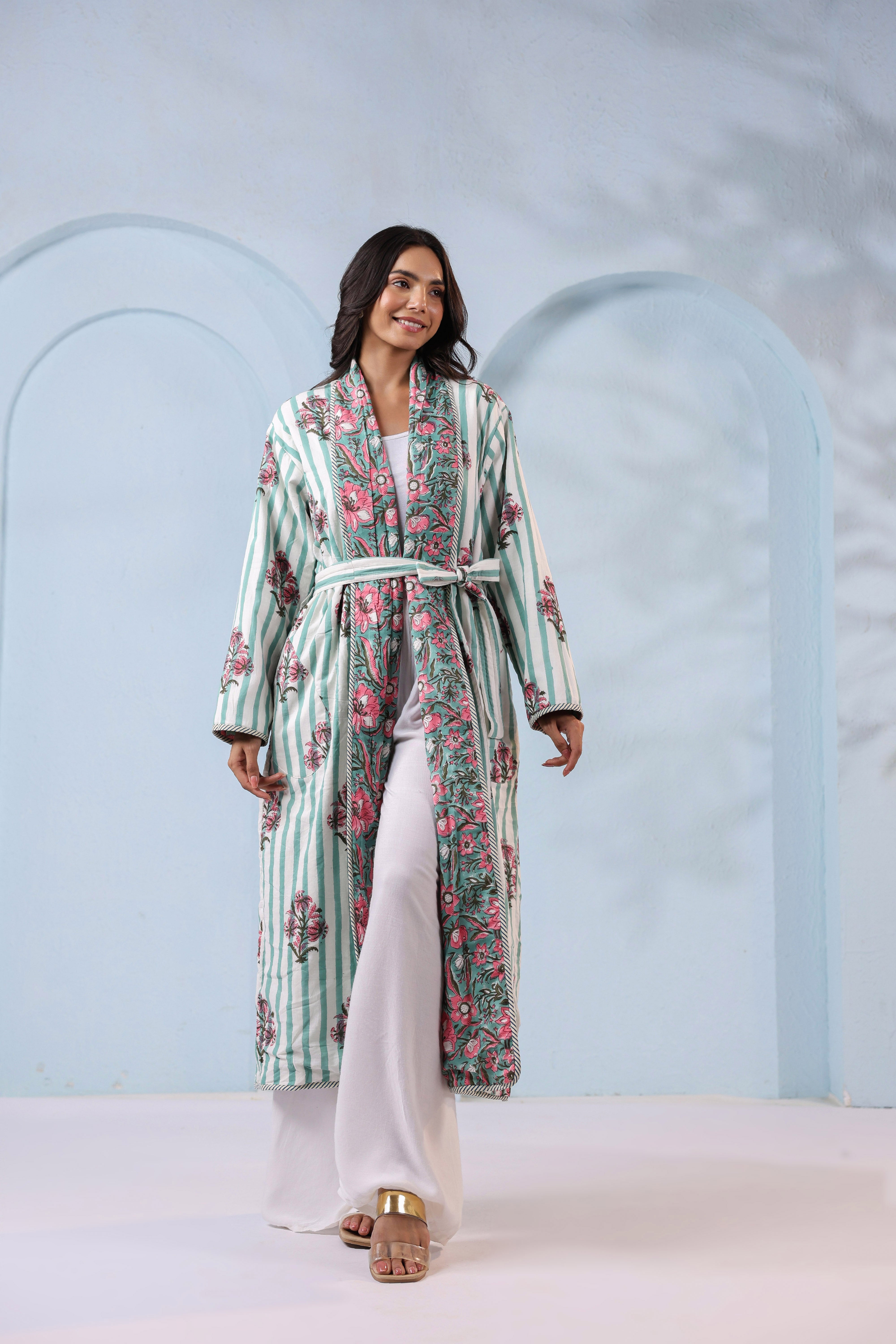 Hibiscus Green Floral Quilted Reversible Robe