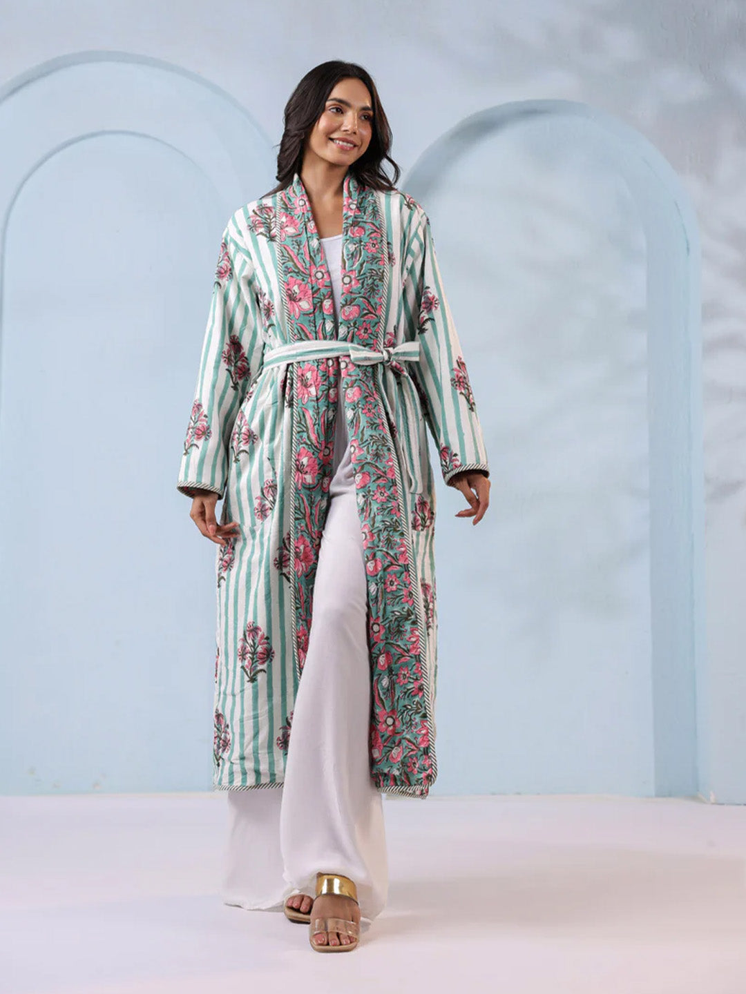 Hibiscus Green Floral Quilted Reversible Robe