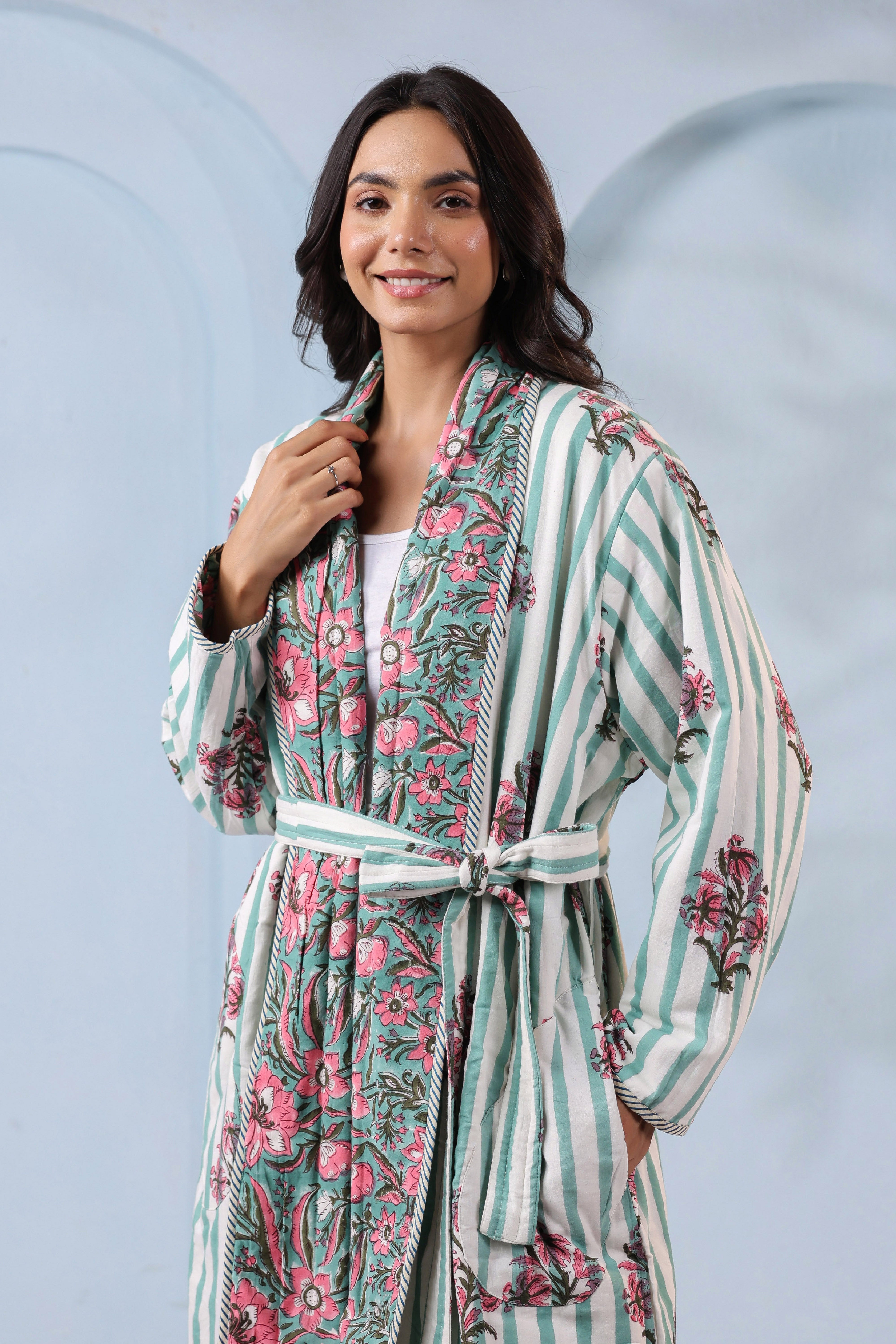 Hibiscus Green Floral Quilted Reversible Robe