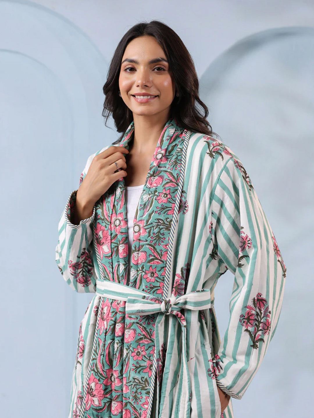 Hibiscus Green Floral Quilted Reversible Robe
