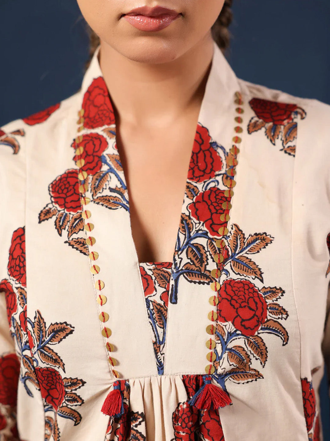 Cream Bagru Handblock Printed Dress with Pockets & Lining