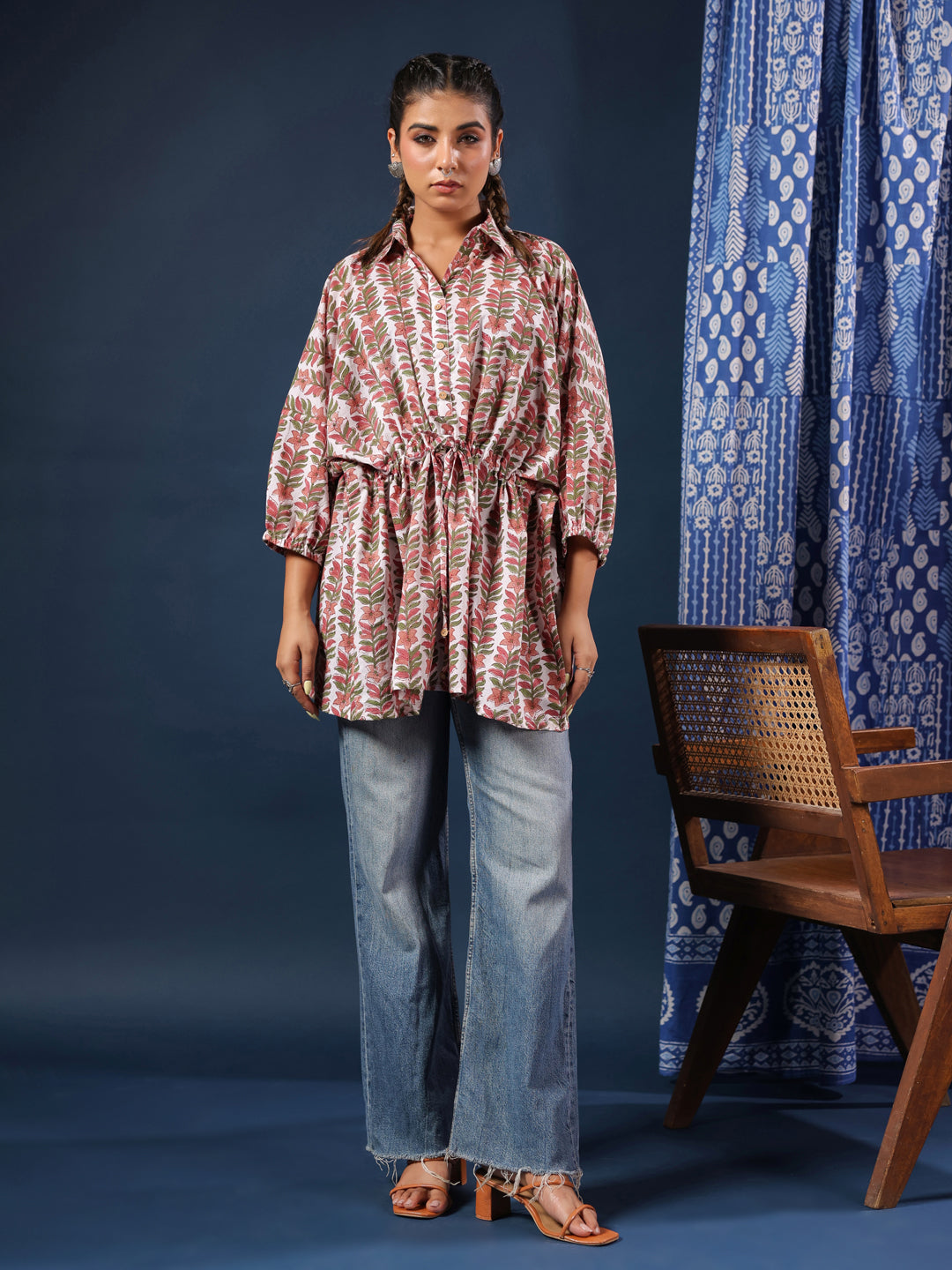 White & Grey Handblock Printed Shirt Style Kaftan Top