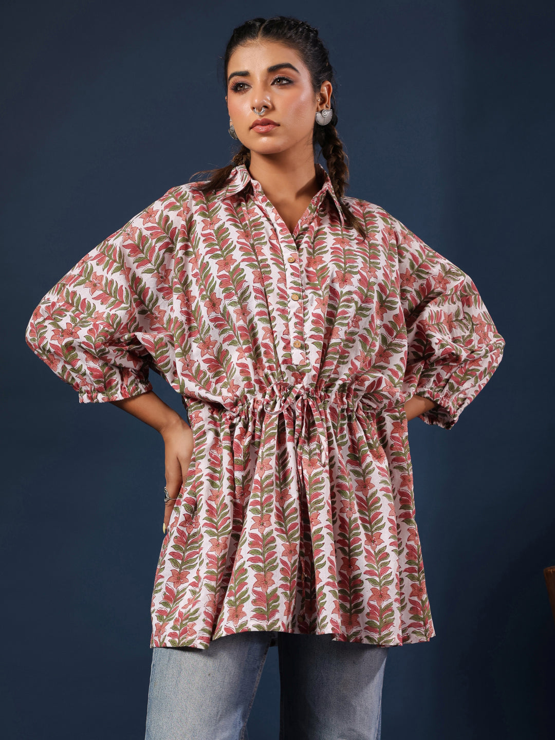 White & Grey Handblock Printed Shirt Style Kaftan Top