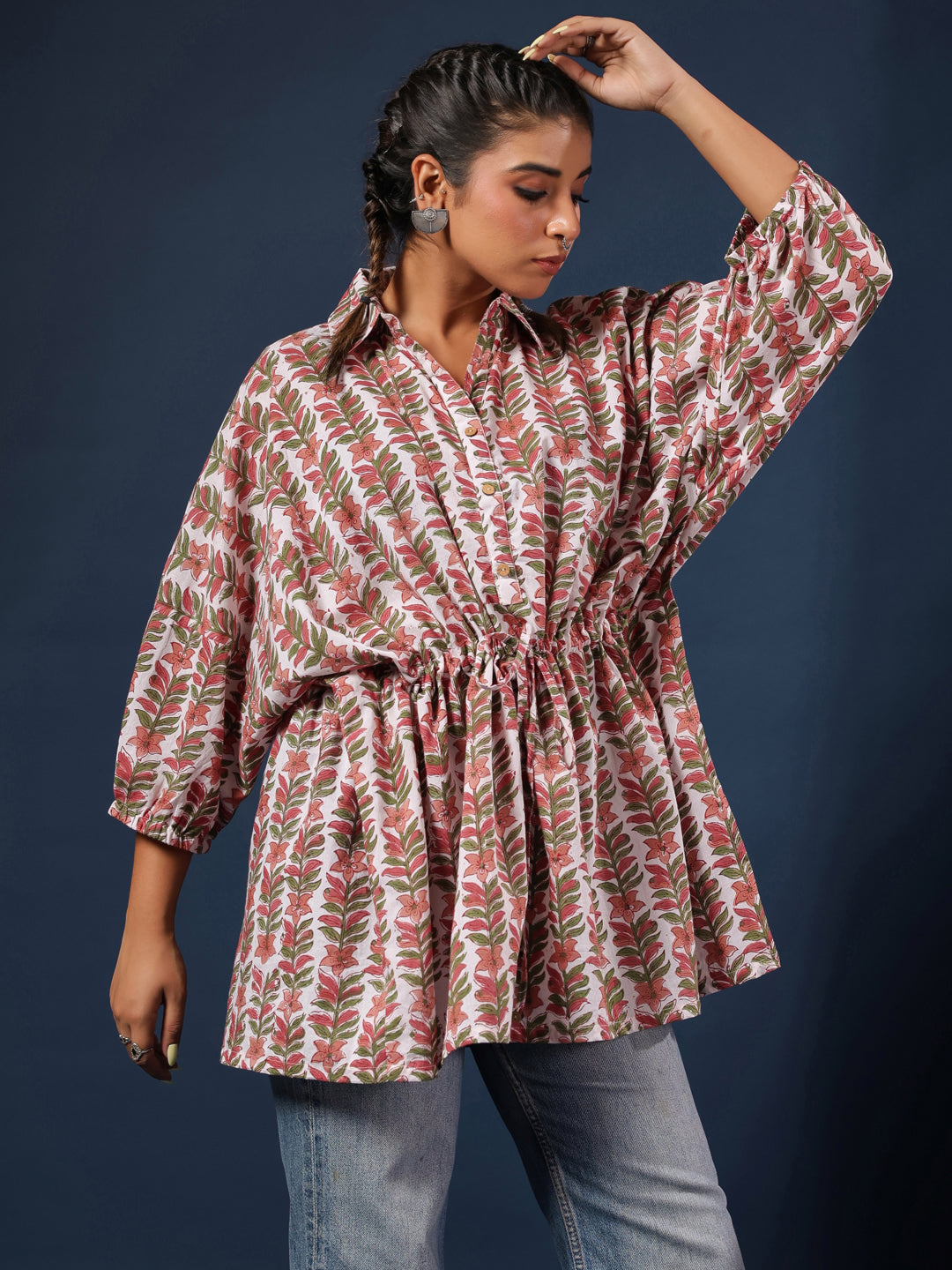 White & Grey Handblock Printed Shirt Style Kaftan Top