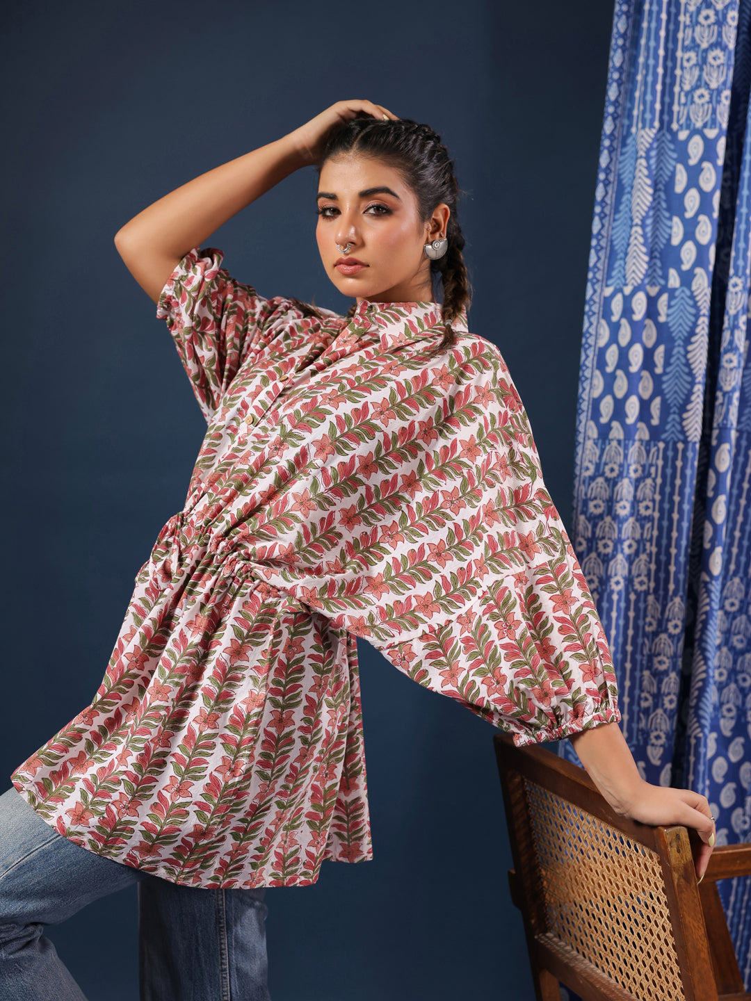 White & Grey Handblock Printed Shirt Style Kaftan Top