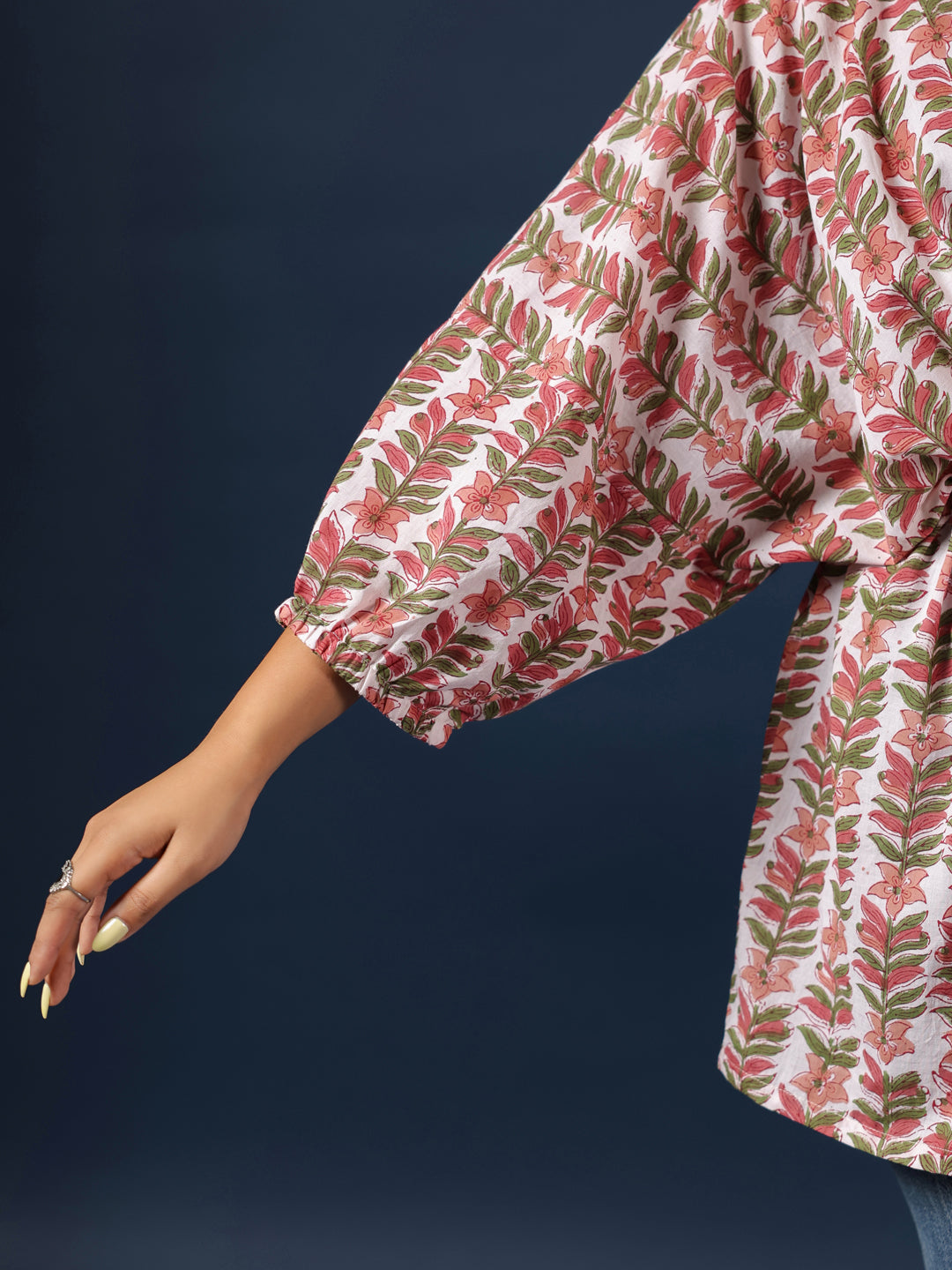 White & Grey Handblock Printed Shirt Style Kaftan Top