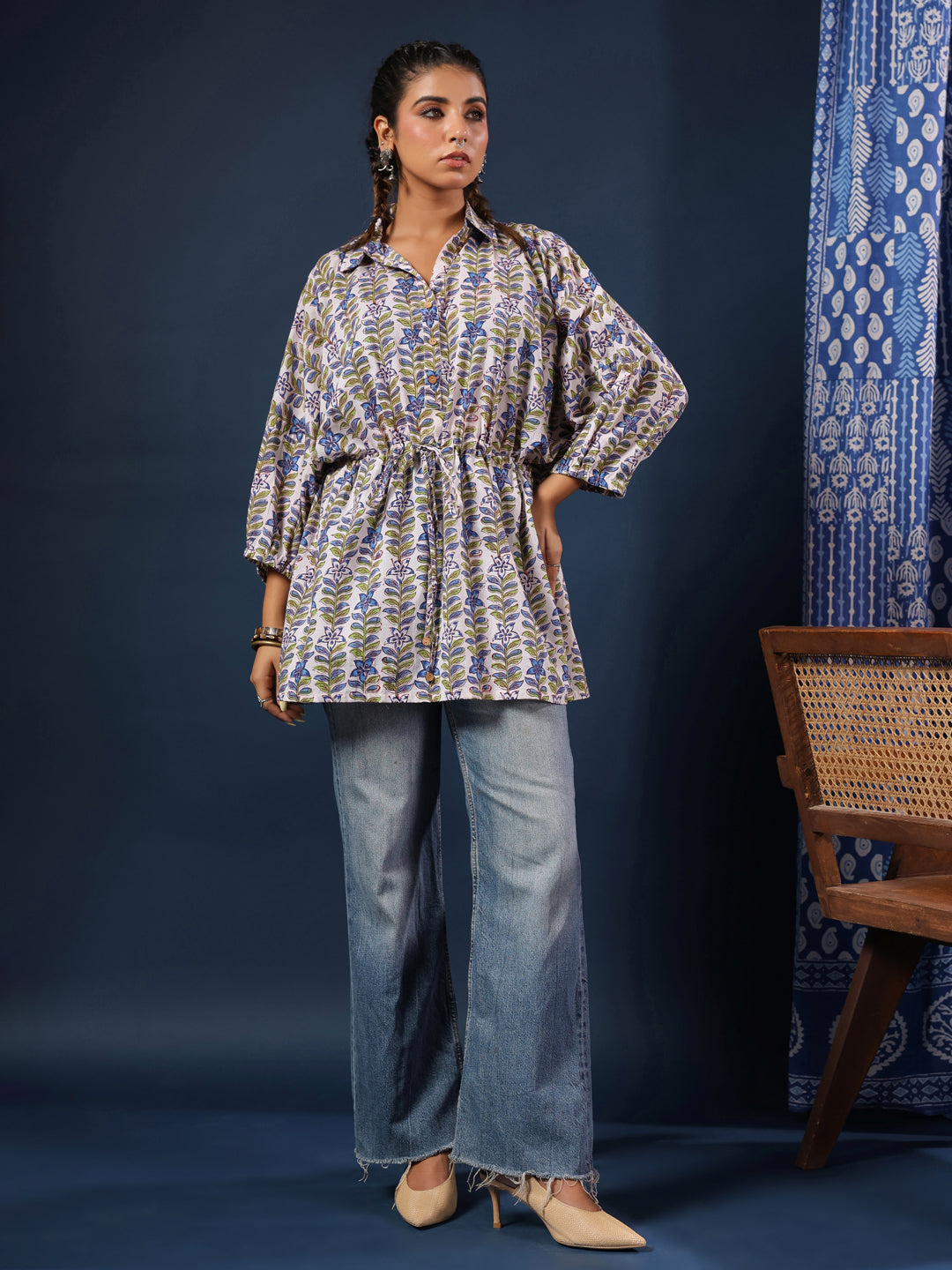 Floral Handblock Printed Shirt Style Kaftan Top