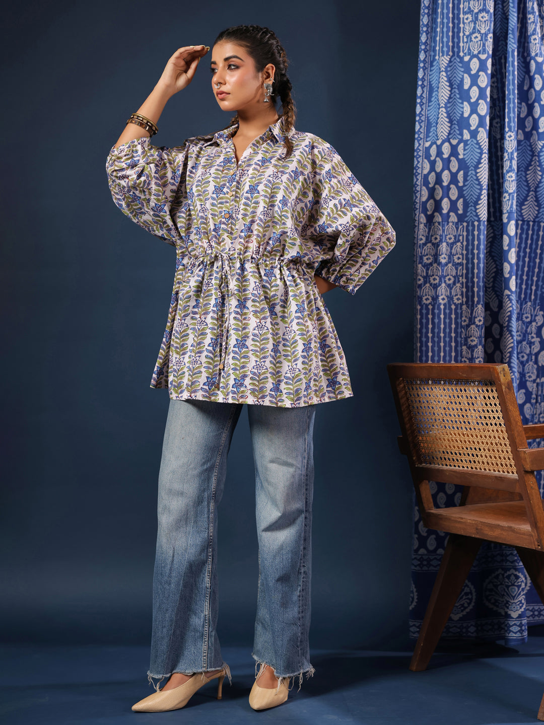 Floral Handblock Printed Shirt Style Kaftan Top