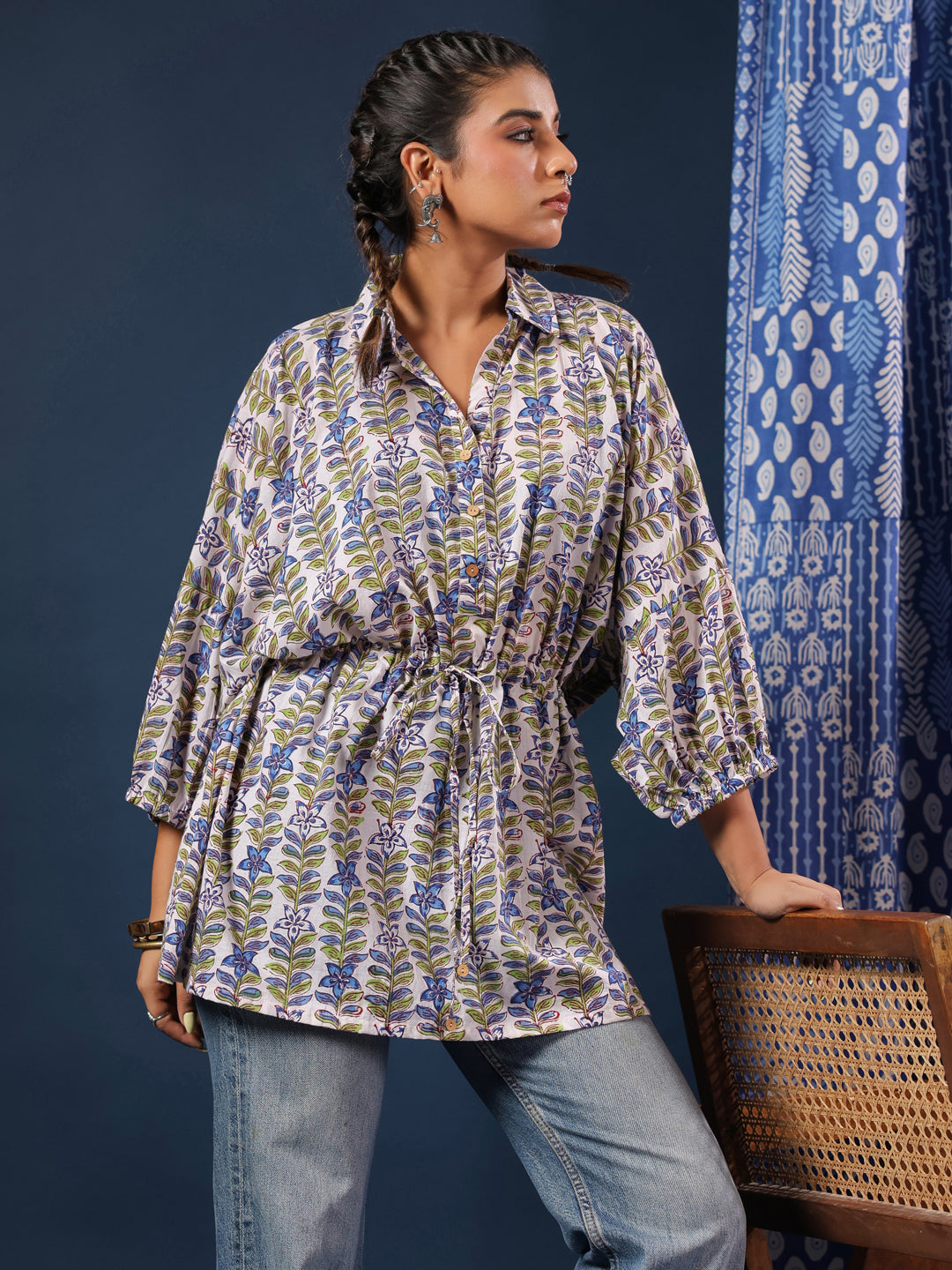 Floral Handblock Printed Shirt Style Kaftan Top
