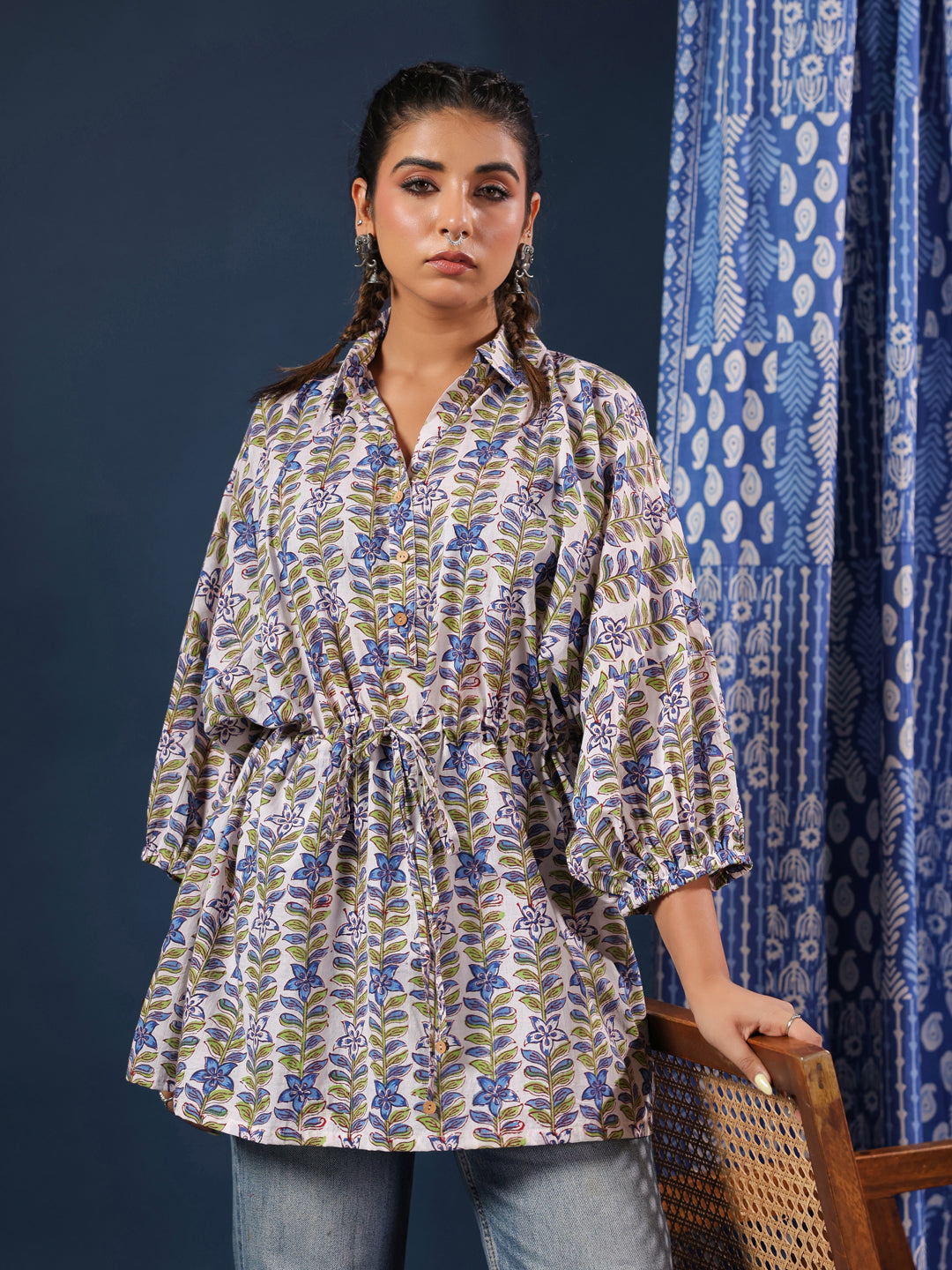 Floral Handblock Printed Shirt Style Kaftan Top
