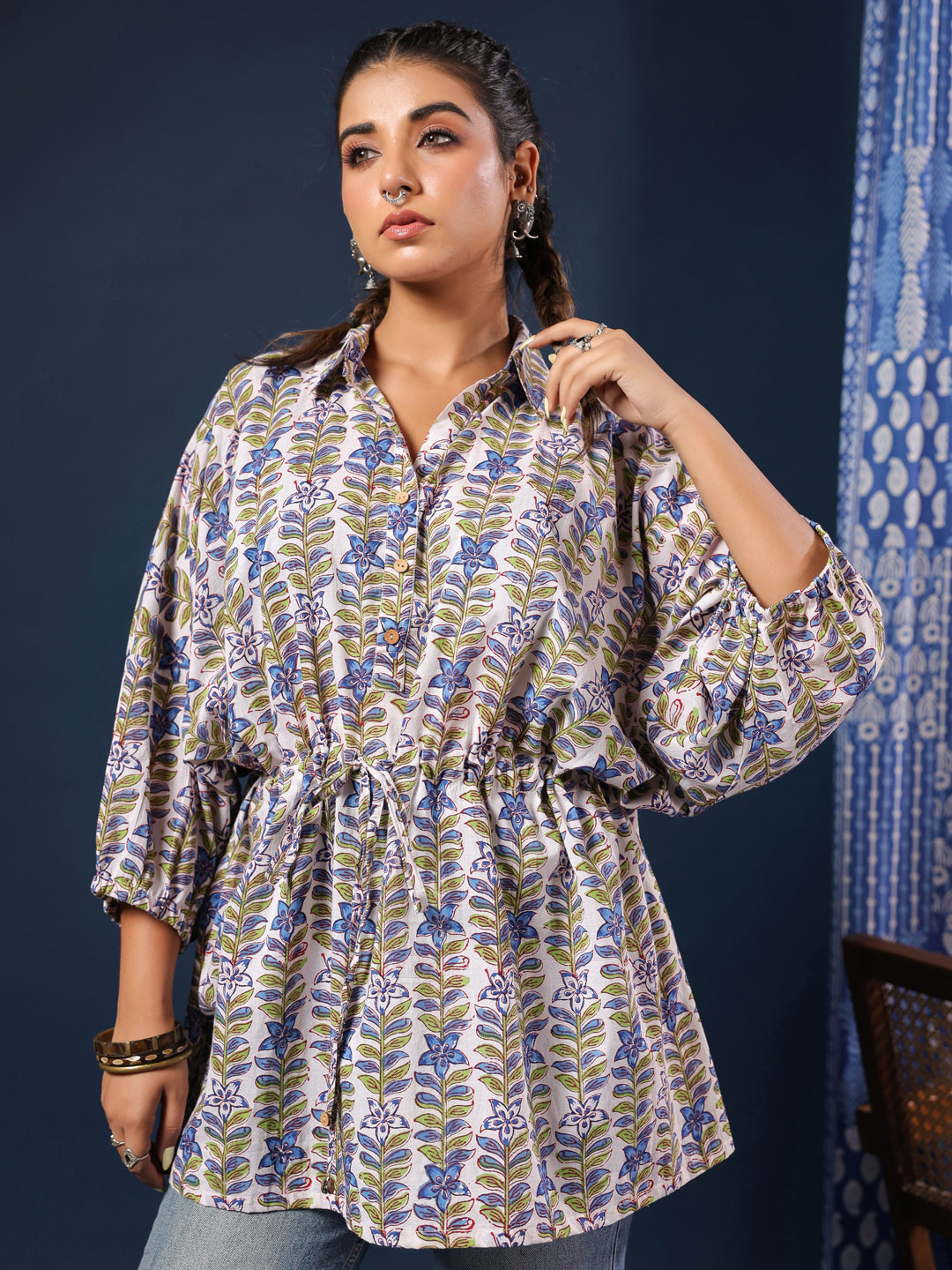 Floral Handblock Printed Shirt Style Kaftan Top