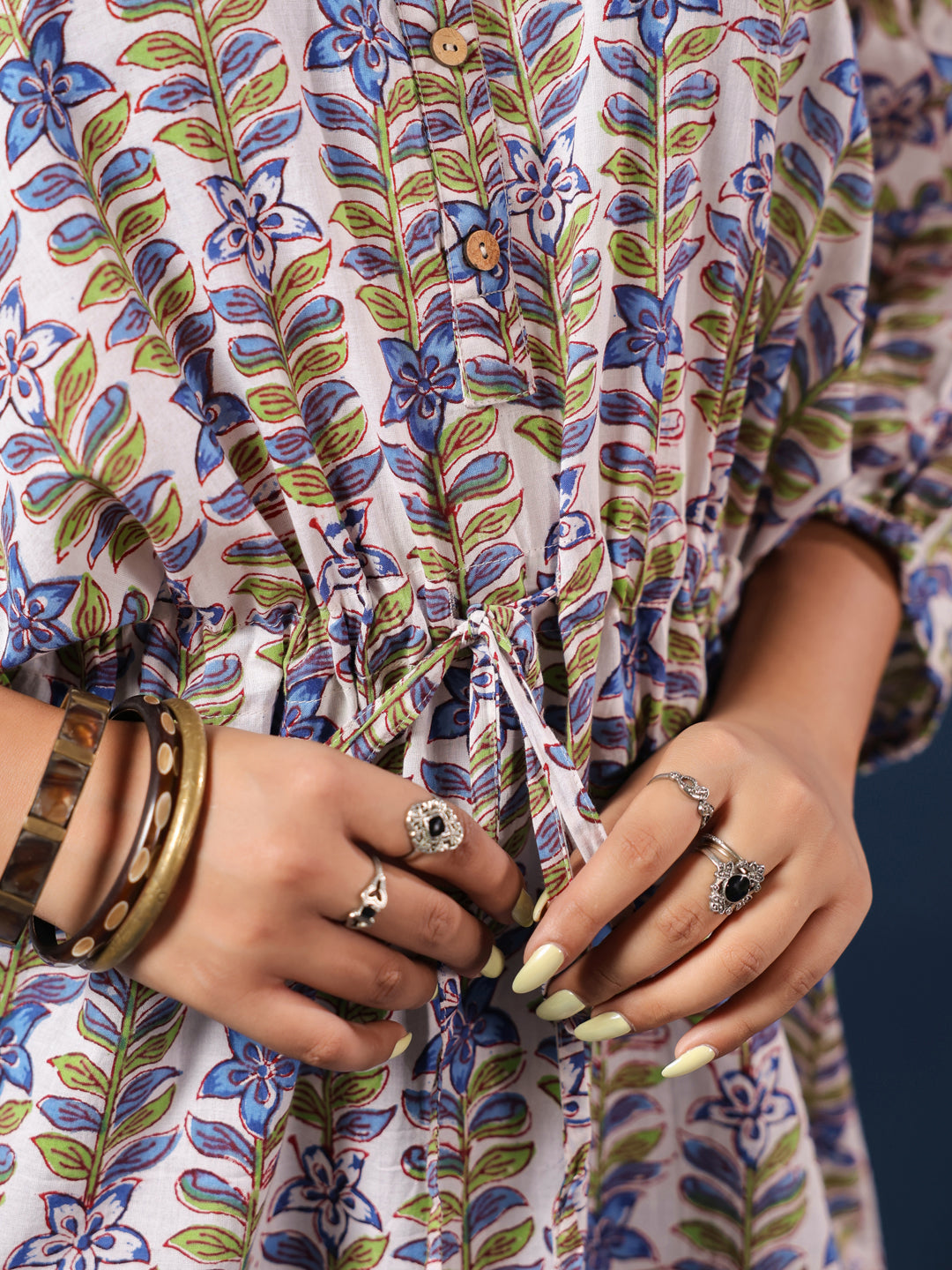 Floral Handblock Printed Shirt Style Kaftan Top